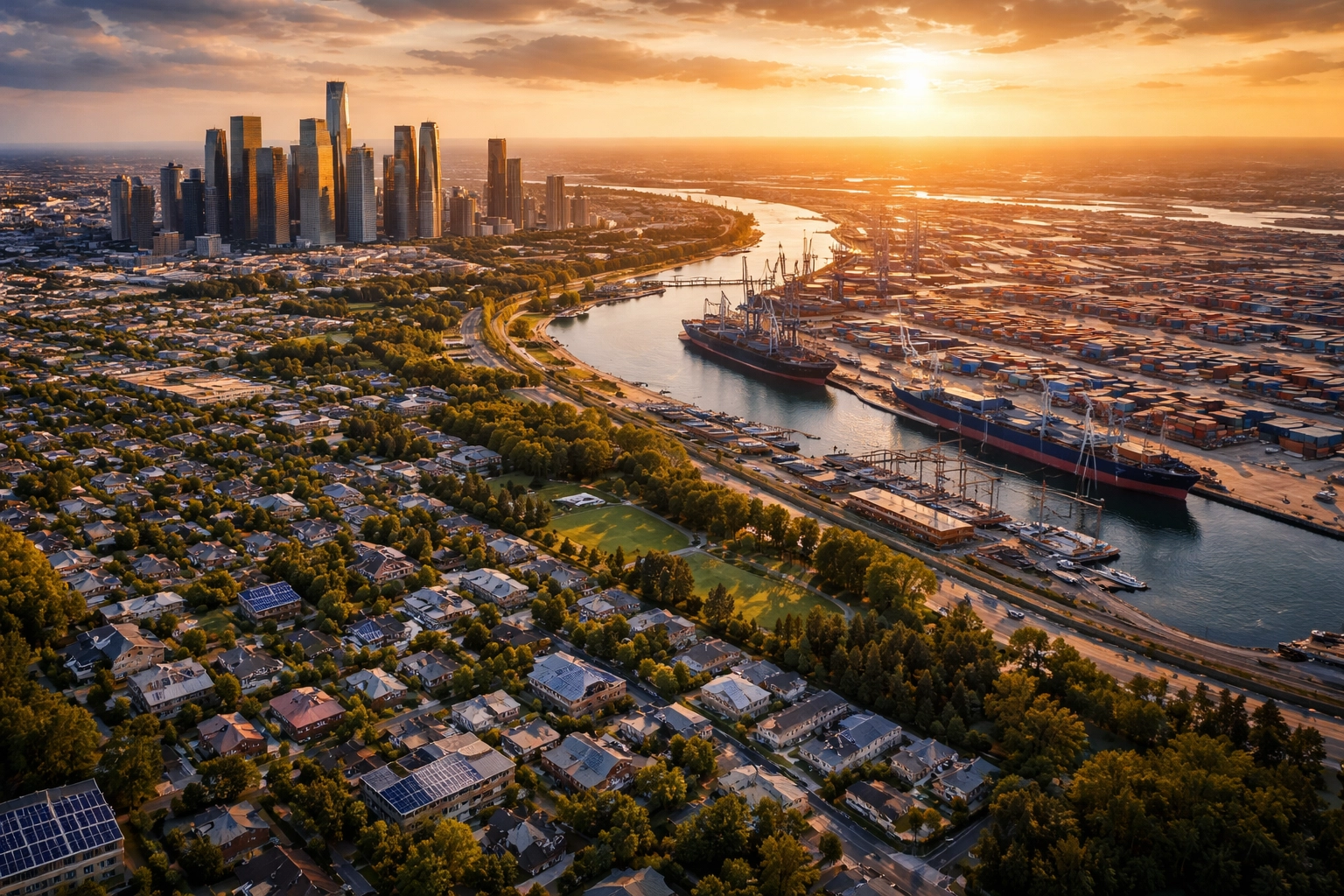 Aerial view of a dynamic cityscape at sunset representing diversification through real estate, infrastructure, and assets