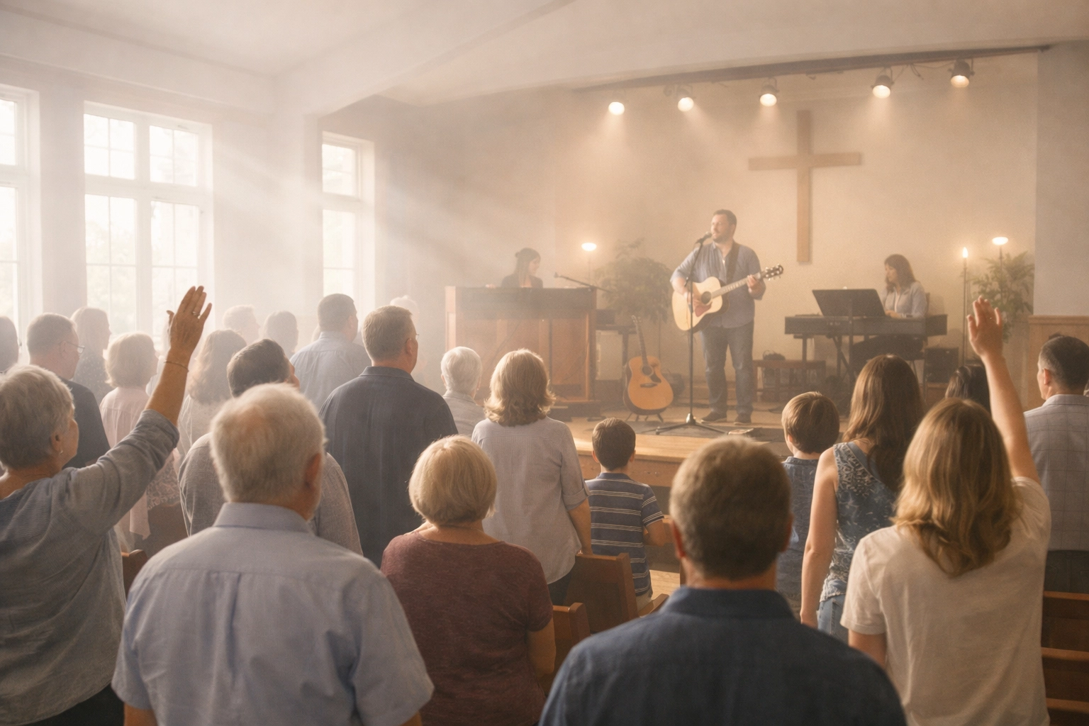 Congregation singing songs about Jesus in a welcoming church environment during a worship service.