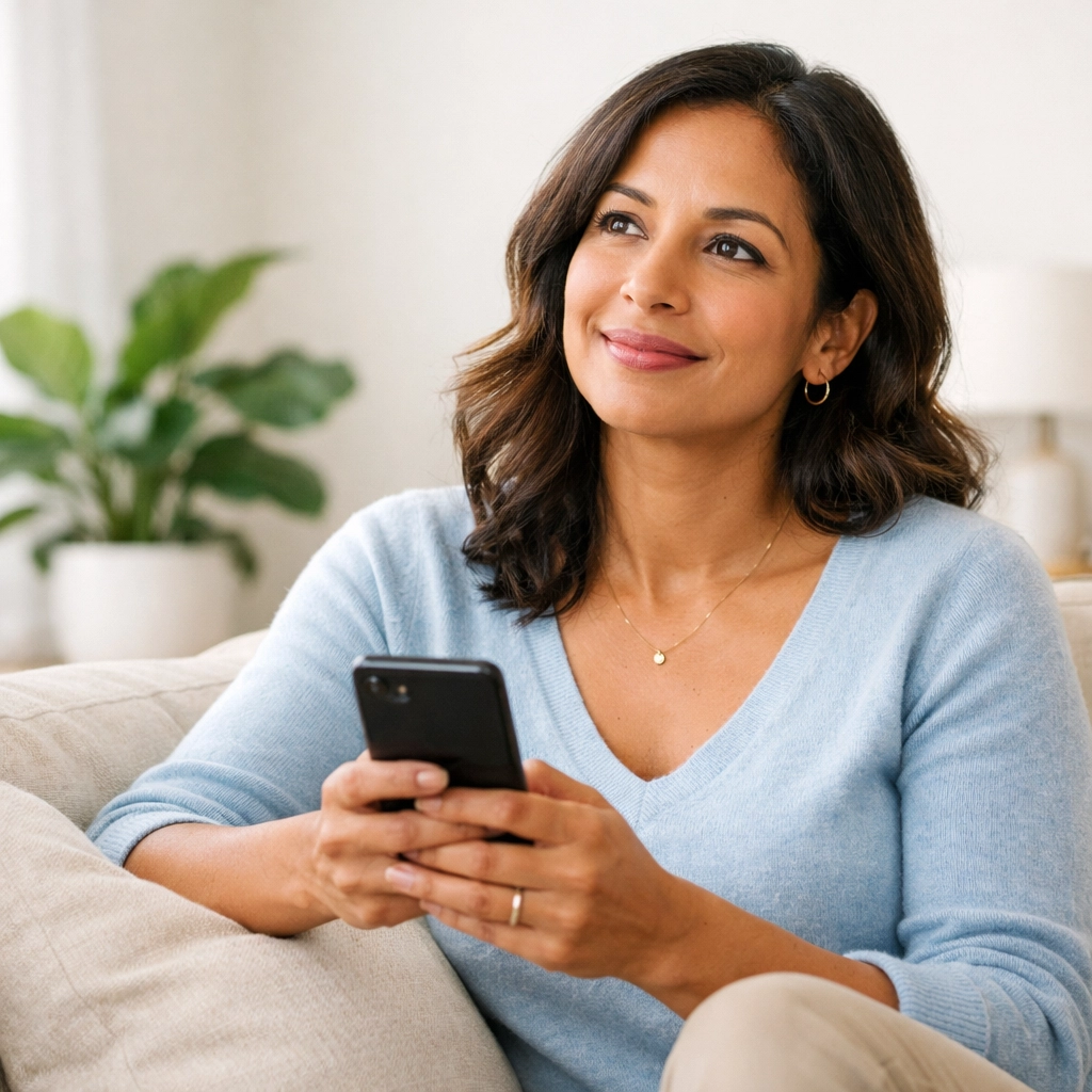 A woman uses her smartphone to explore Wegovy alternatives and online weight loss options at home.