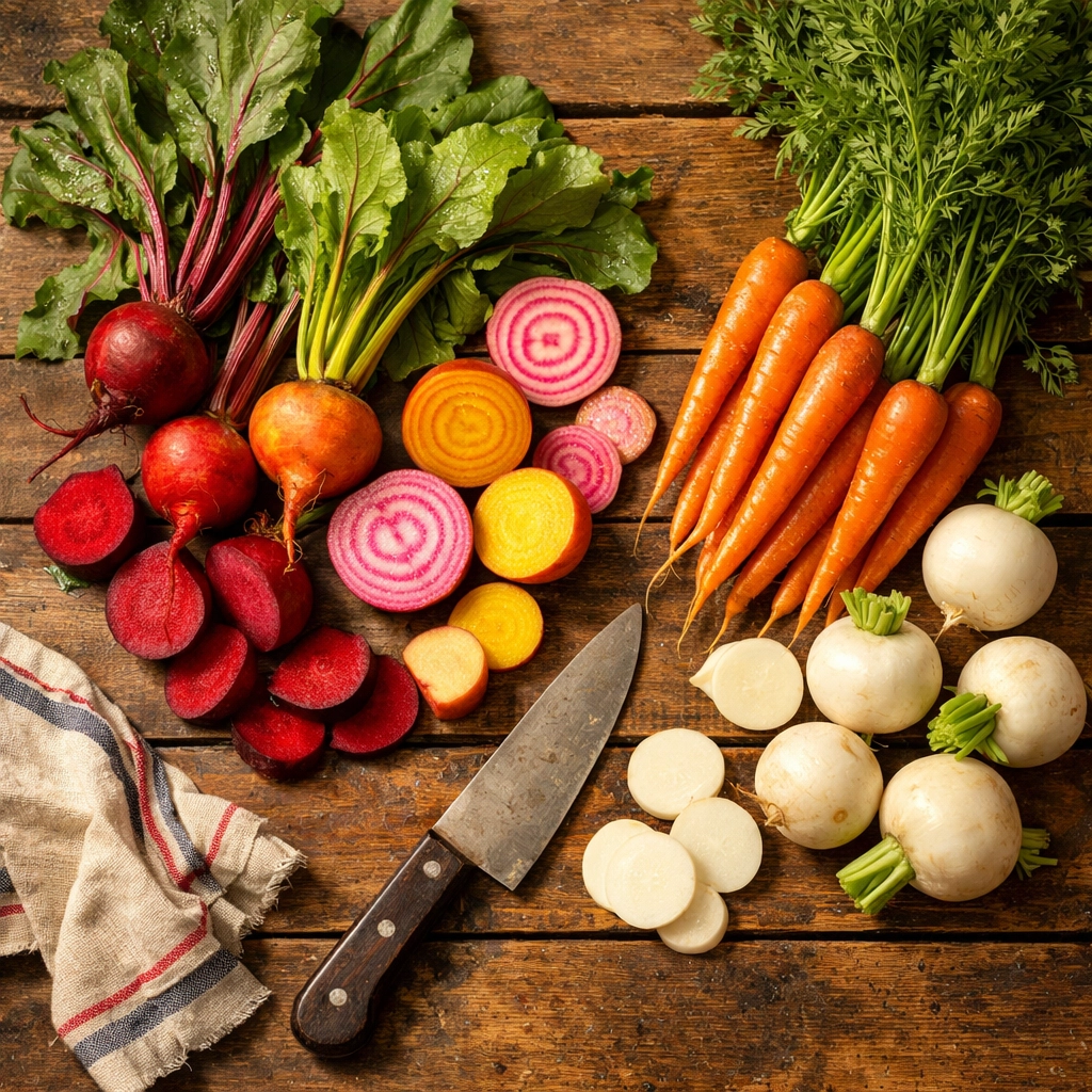 Spring root vegetables including rainbow beets, carrots, and turnips for Southern cooking