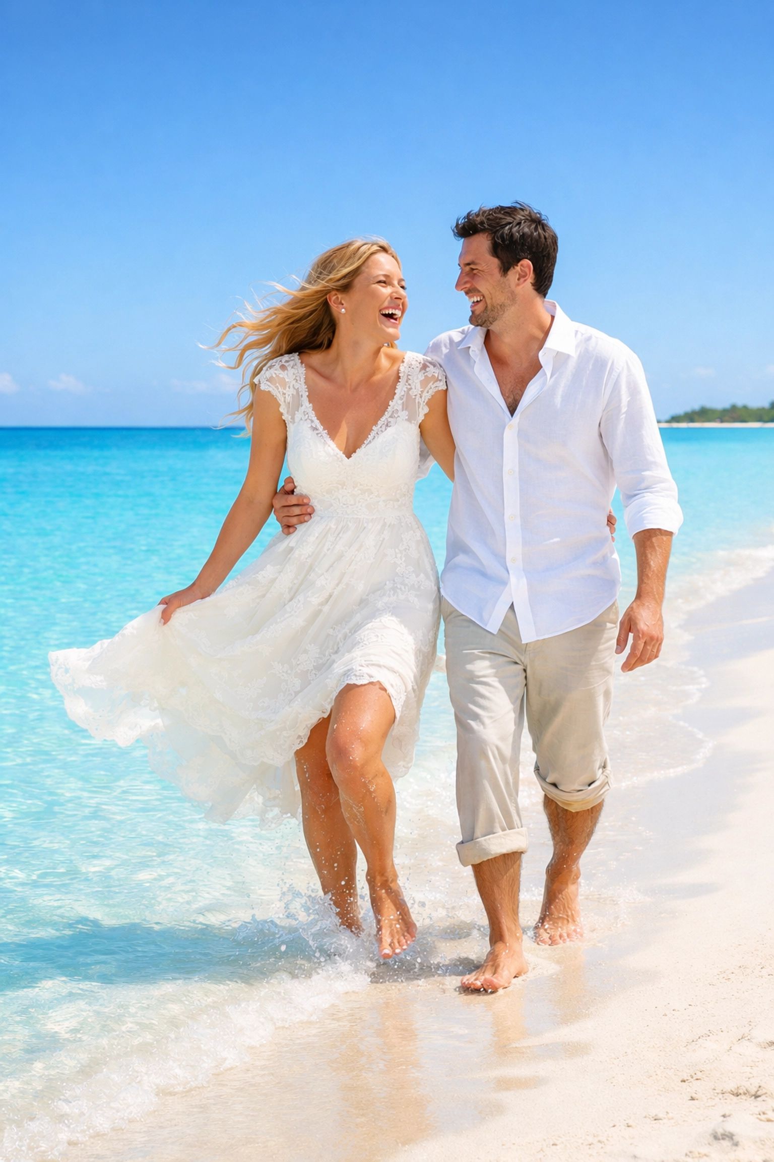 A happy bride and groom walking stress-free along a beautiful turquoise tropical lagoon.