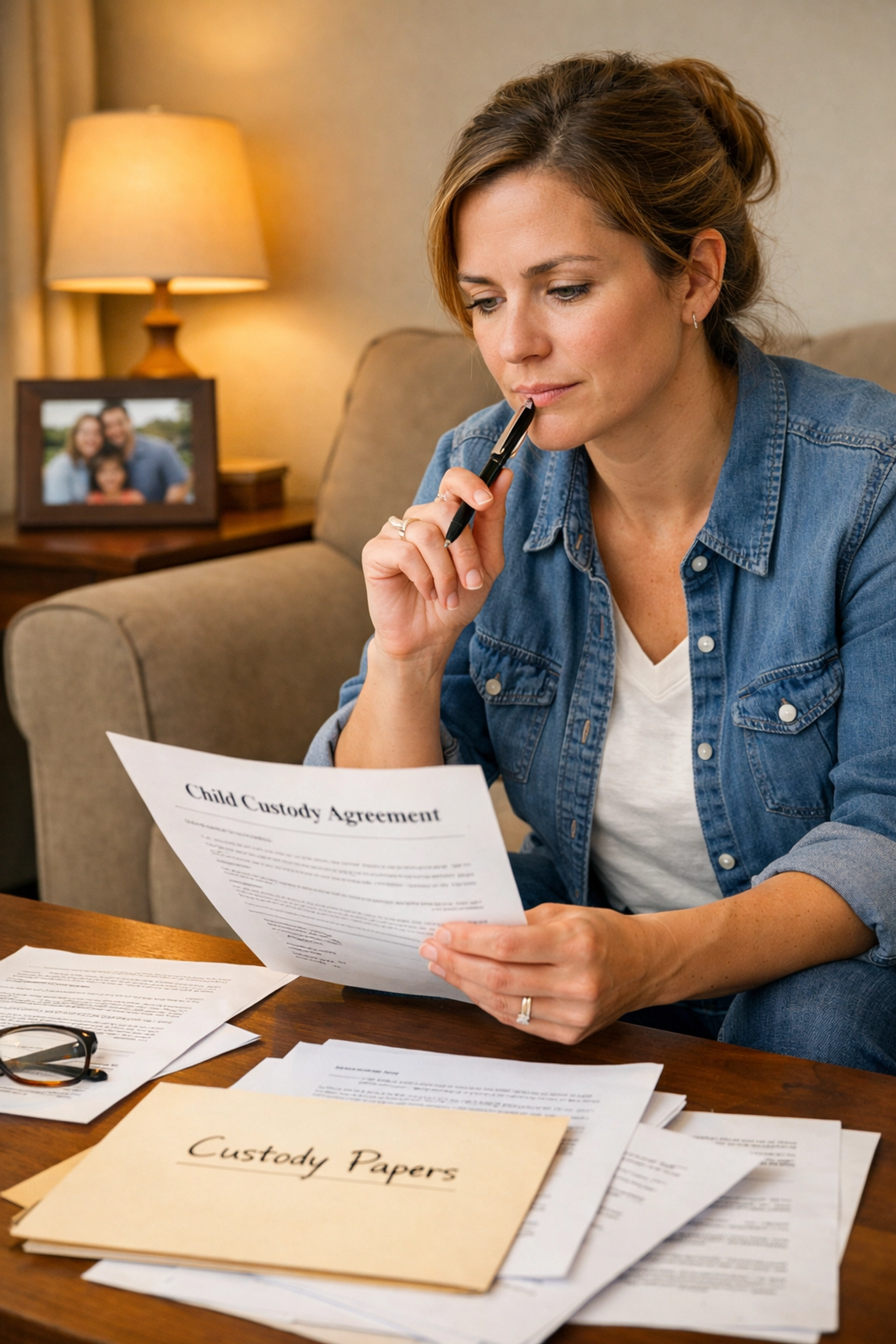 Parent reviewing child custody legal documents and paperwork at home