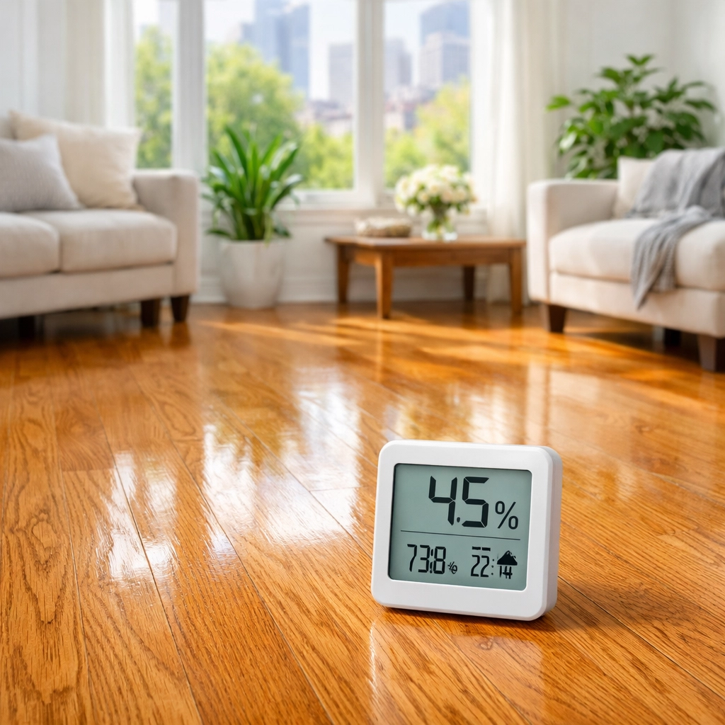 Red oak hardwood floor with hygrometer monitoring humidity levels in Chicago living room