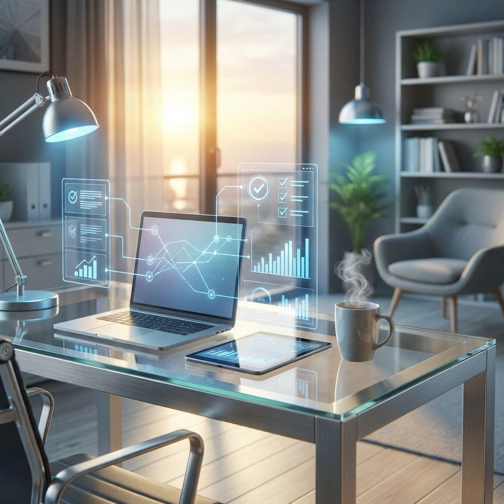 Modern home office showing efficient AI automation and workflow management, with laptop and coffee