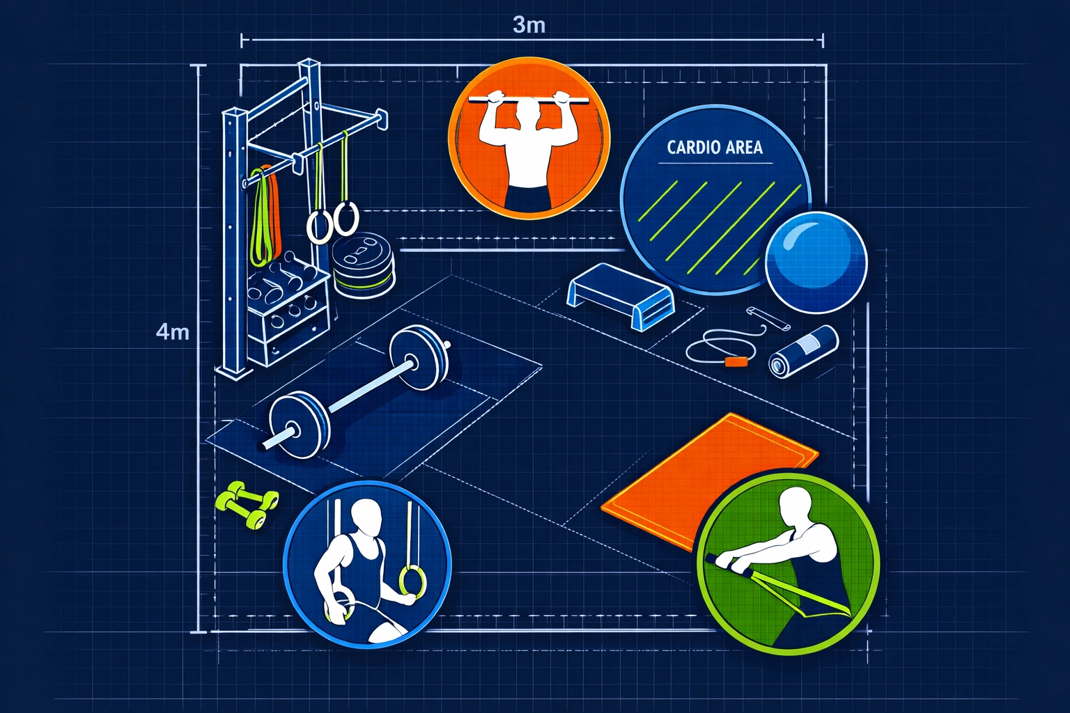 Compact home gym floor plan showing efficient calisthenics equipment layout in small space
