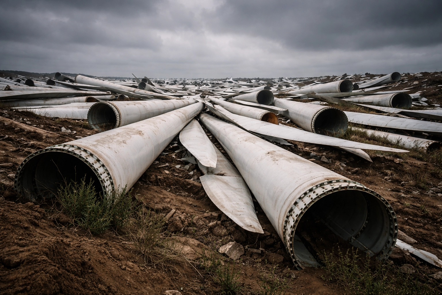 Large landfill piled with discarded wind turbine blades demonstrates hidden waste in so-called green energy solutions.