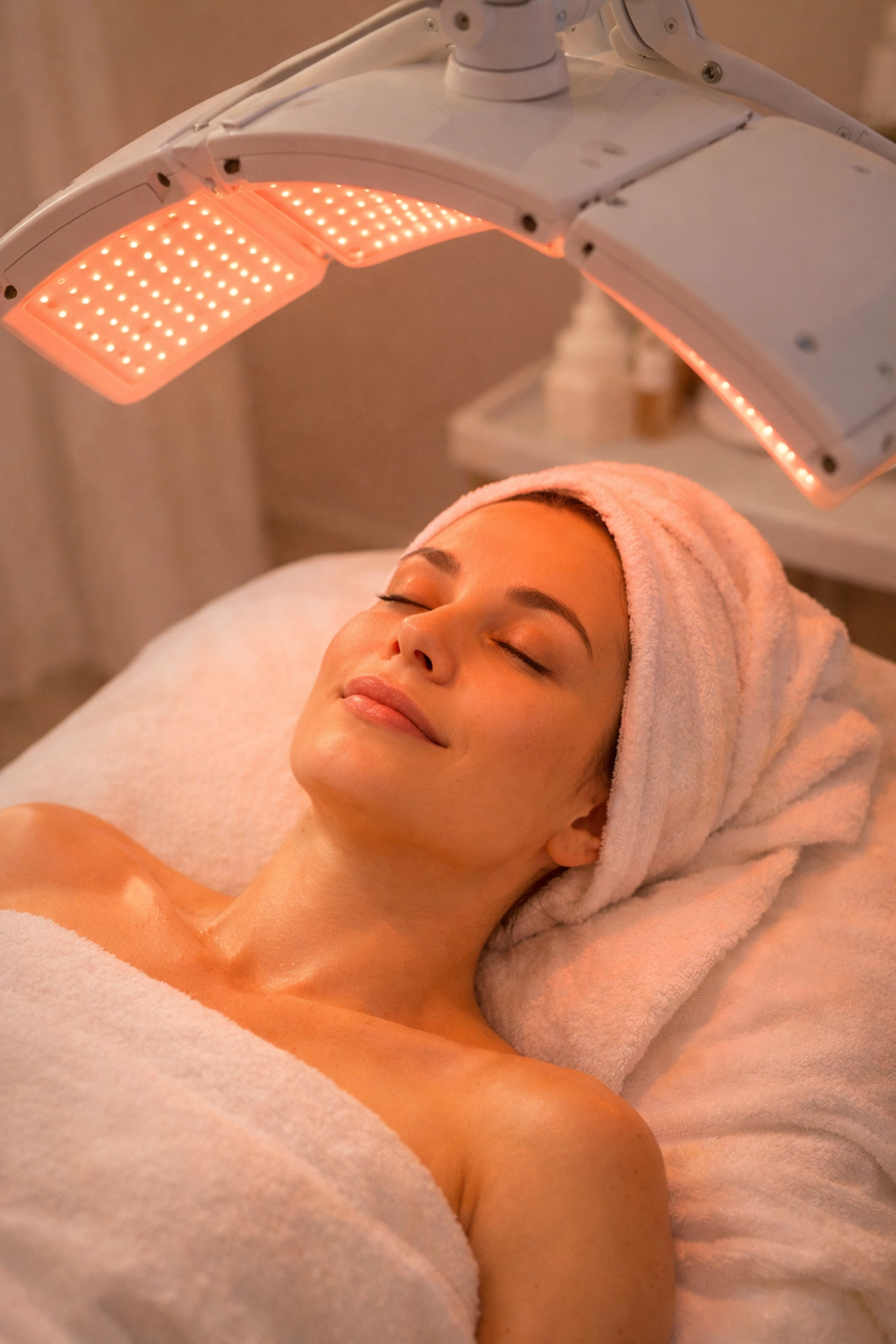 Woman receiving relaxing LED light therapy facial treatment at skin clinic