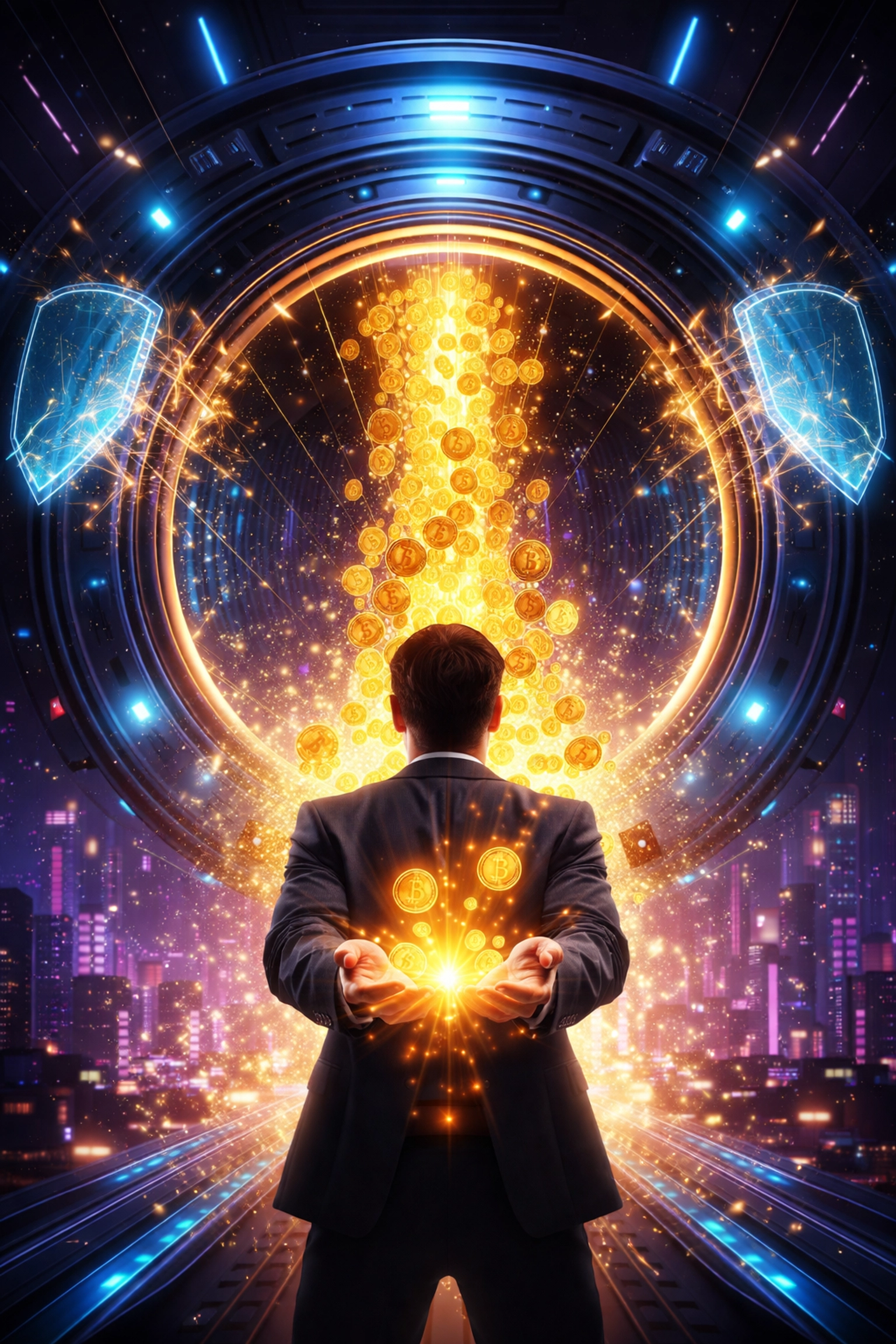 A merchant receives cryptocurrency coins directly, symbolizing self-custody and secure Web3 global payments.