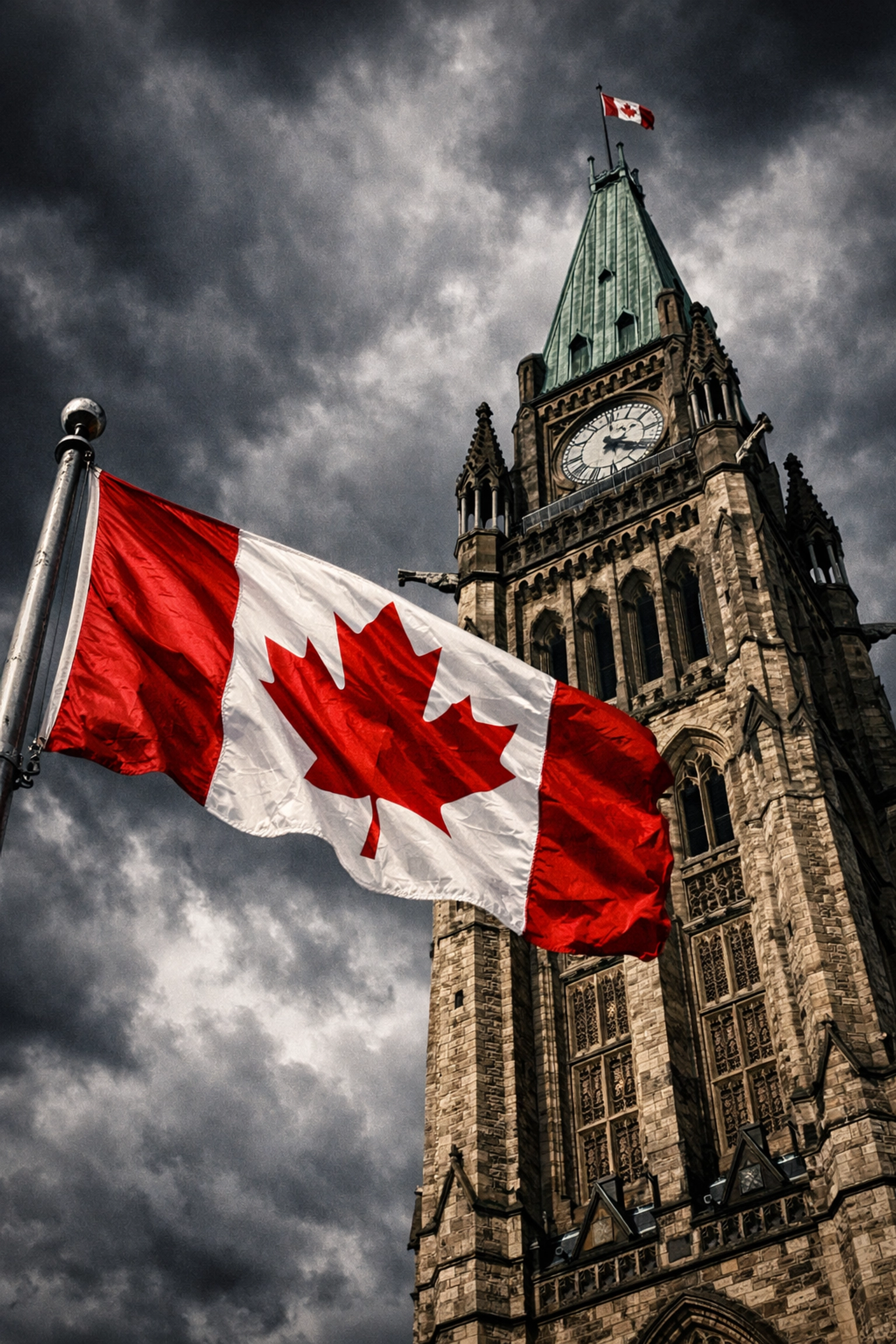 The Canadian flag flies over the Peace Tower in Ottawa, symbolizing Canada’s firm stance on trade sanctions.