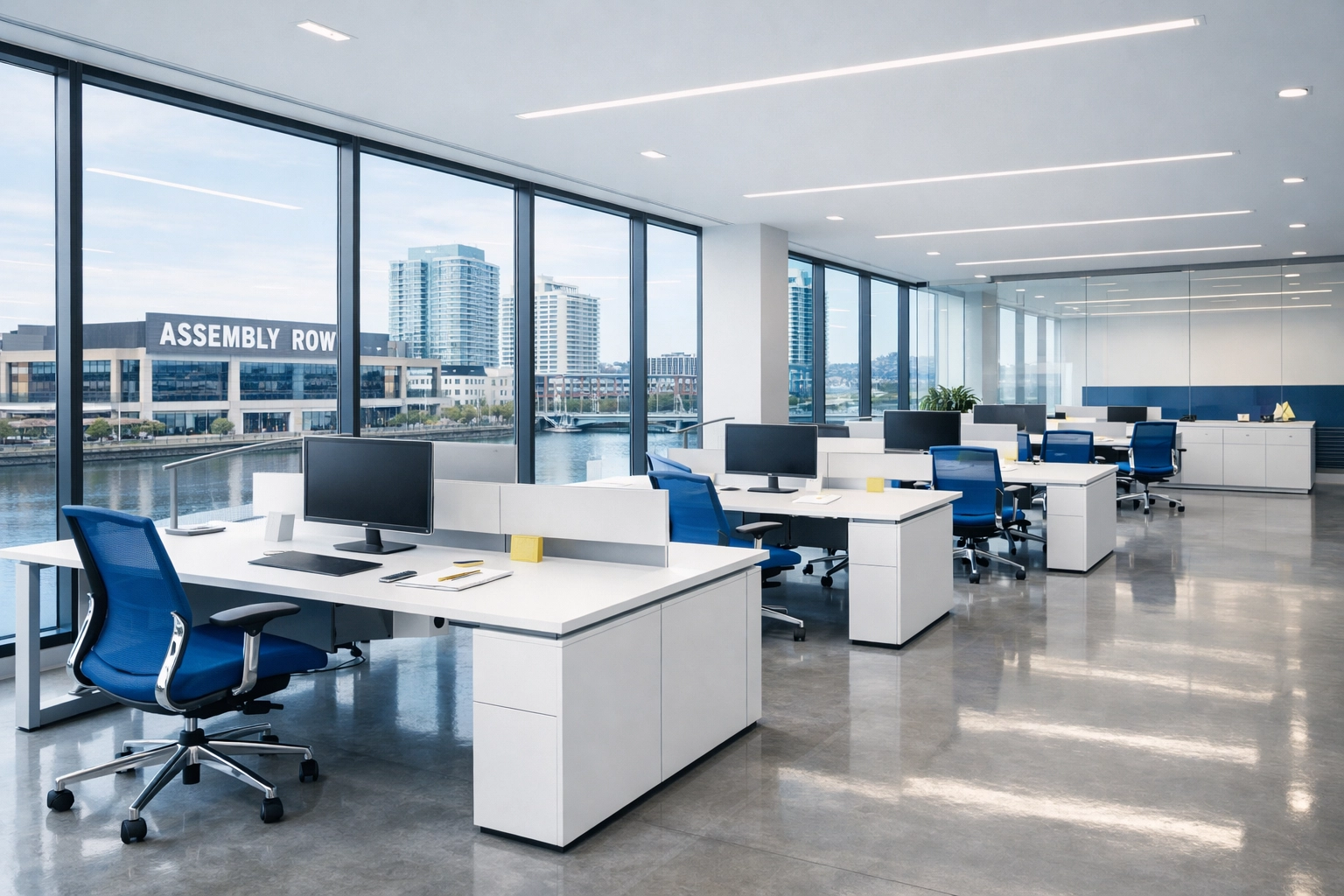 Spotless commercial office space in Assembly Row, Somerville, showcasing high-end commercial deep cleaning services.