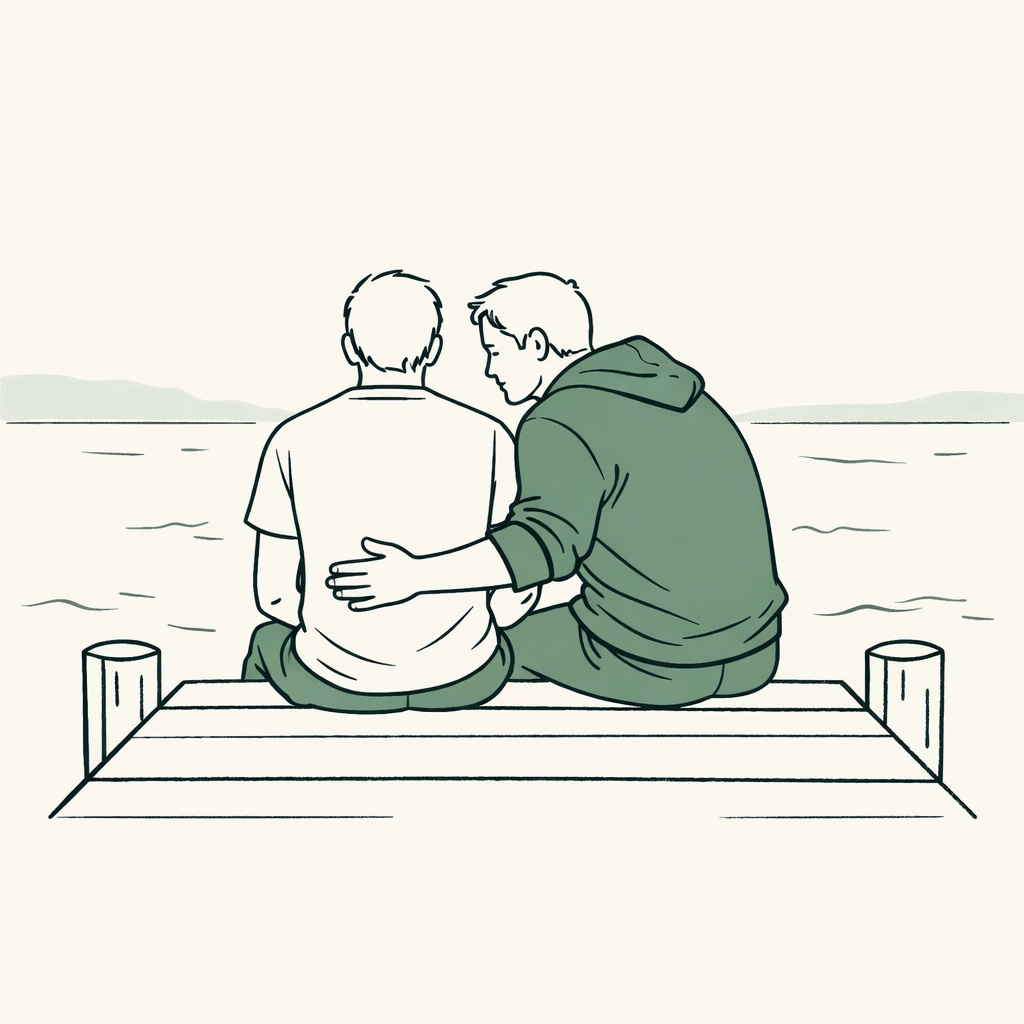 MM romance illustration of a supportive man comforting his partner on a pier, showing resilience.