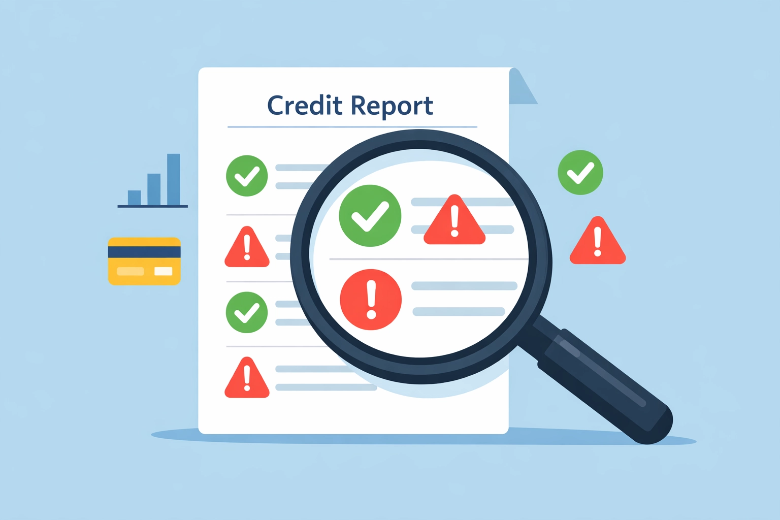 Ilustración de una lupa revisando un reporte de crédito para detectar errores y mejorar el puntaje.