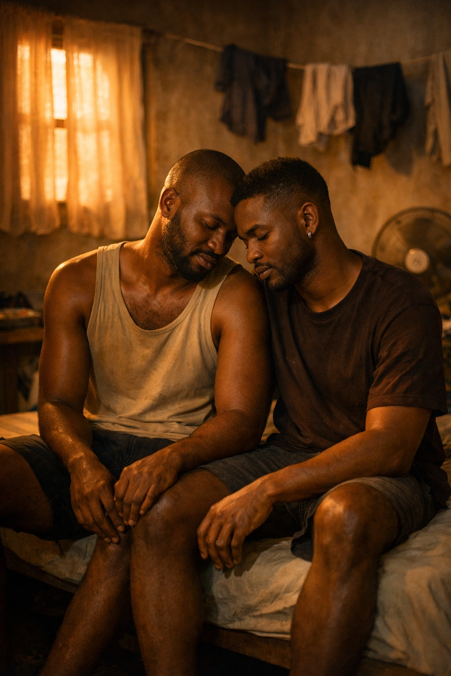 Two men sharing intimate moment in Lagos apartment MM romance gay love story