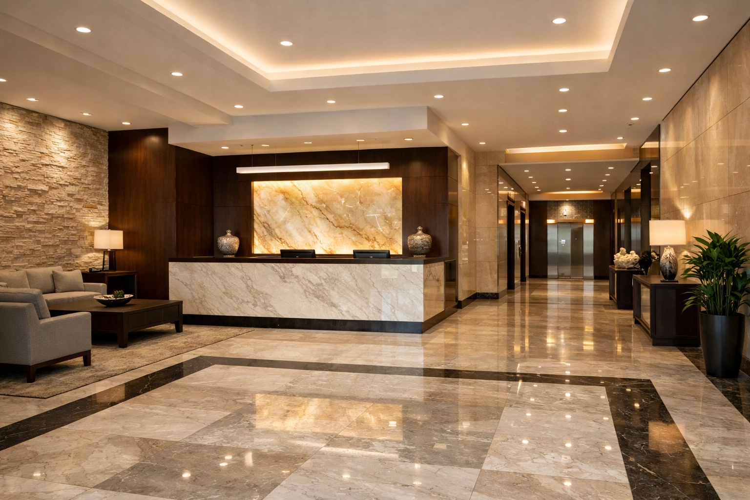 Polished marble lobby maintained by professional Worcester office cleaning to impress potential clients.