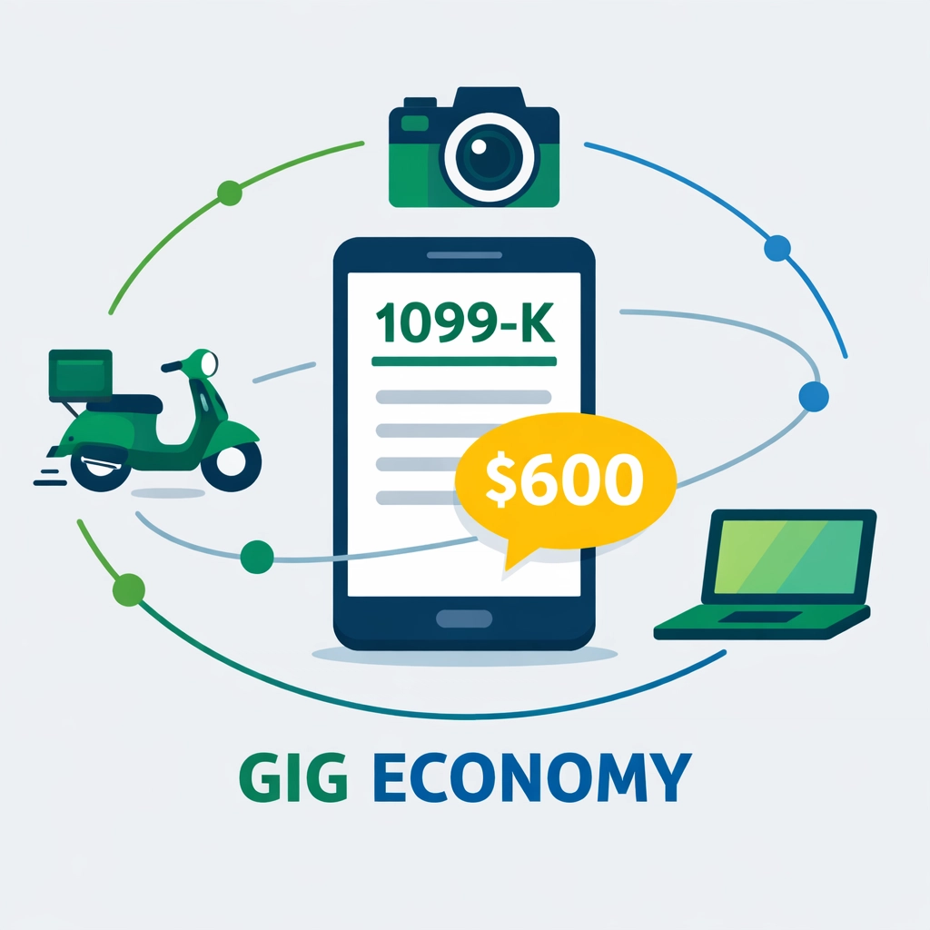 Digital icons for gig economy workers and Form 1099-K tax reporting requirements.