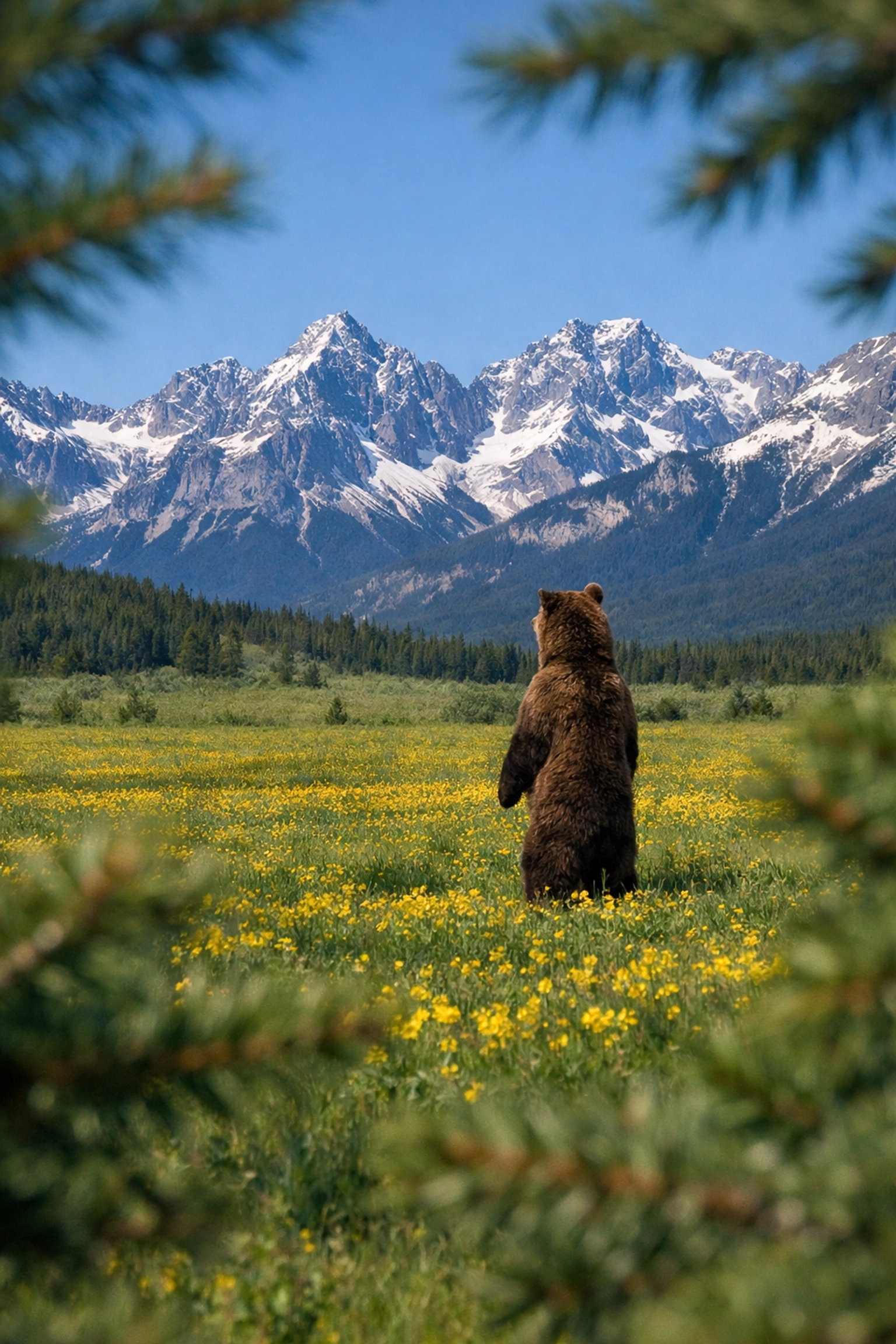 Grizzly bear standing in a meadow illustrating the importance of safe distance during student travel.