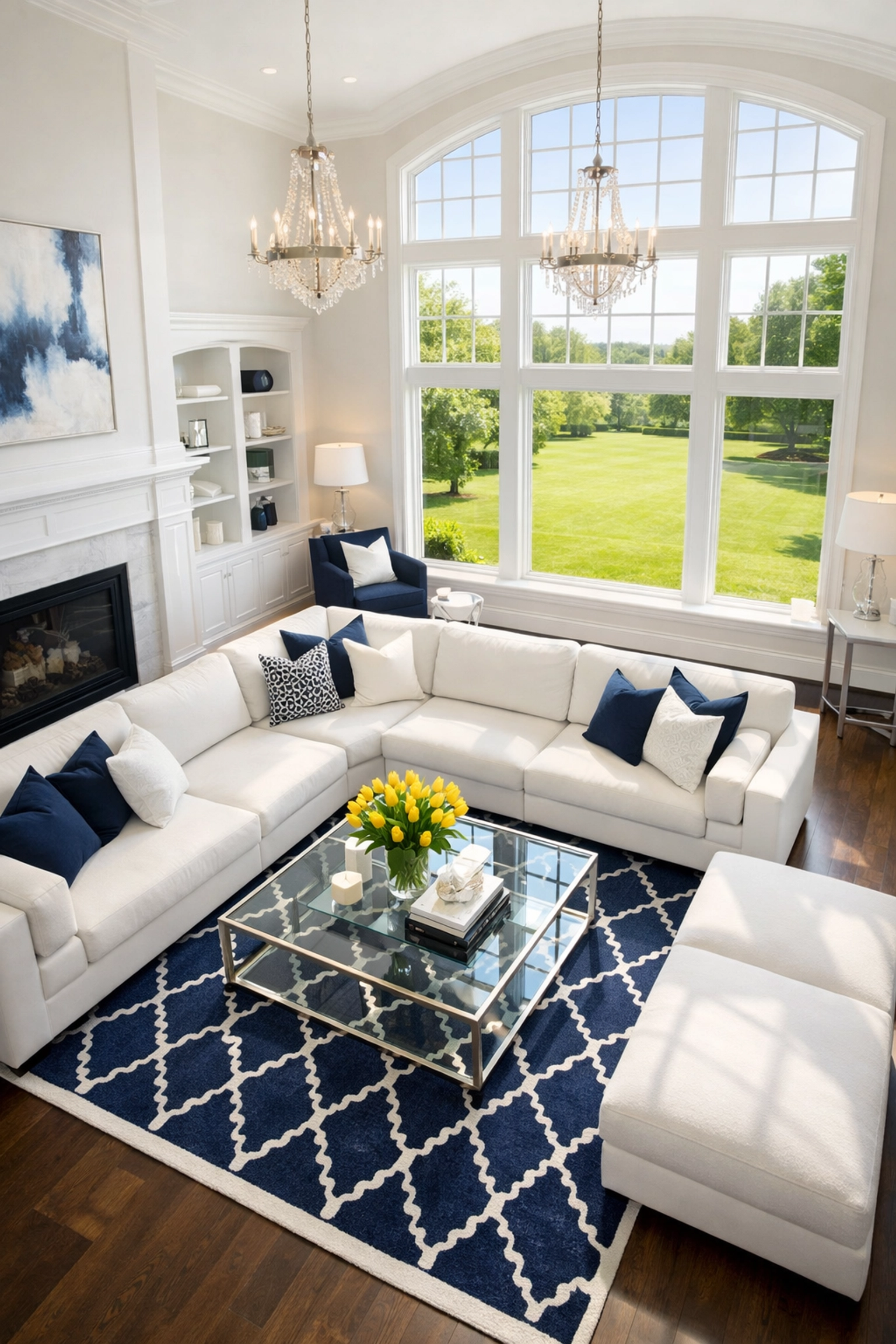 Meticulous house cleaning in Westborough estate living room with pristine white sofa and high ceilings.