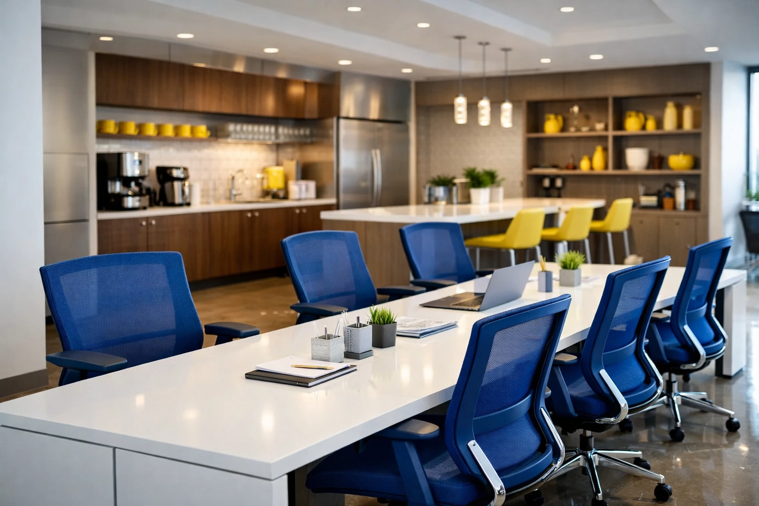 Sanitized collaborative workspace with clean desks demonstrating expert office cleaning in Marlborough.