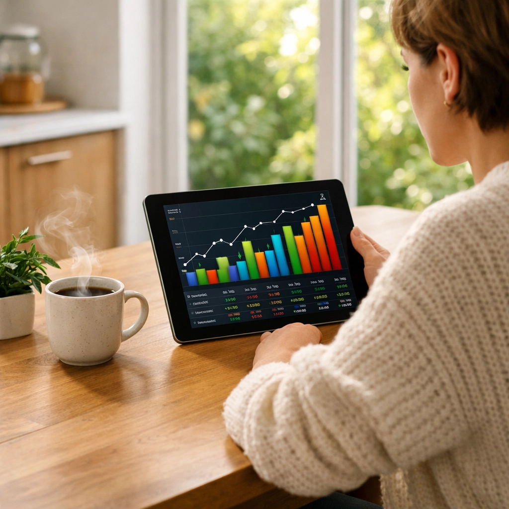 Person reviewing financial growth charts on a tablet to manage personal budget and rate cut opportunities.