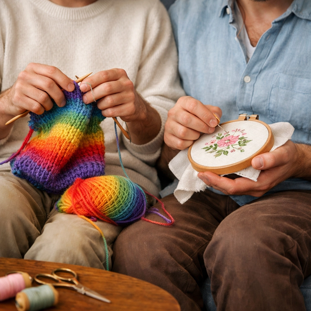 Two men crafting together on a sofa, representing the slow burn connection found in queer fiction.