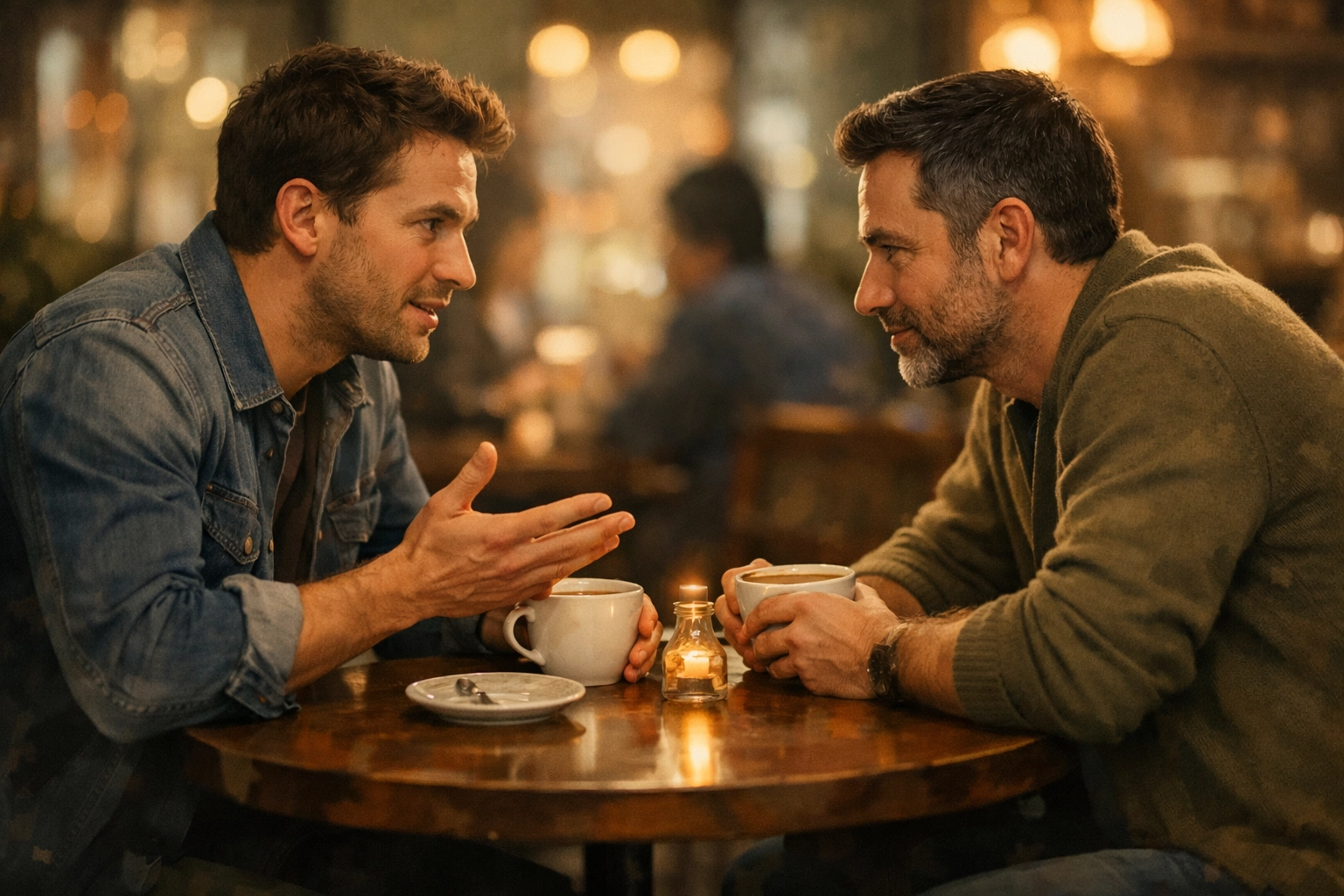 Two gay men in deep conversation discussing relationship boundaries and communication