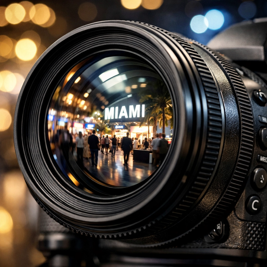 A professional camera lens reflecting a high-energy Miami corporate event.
