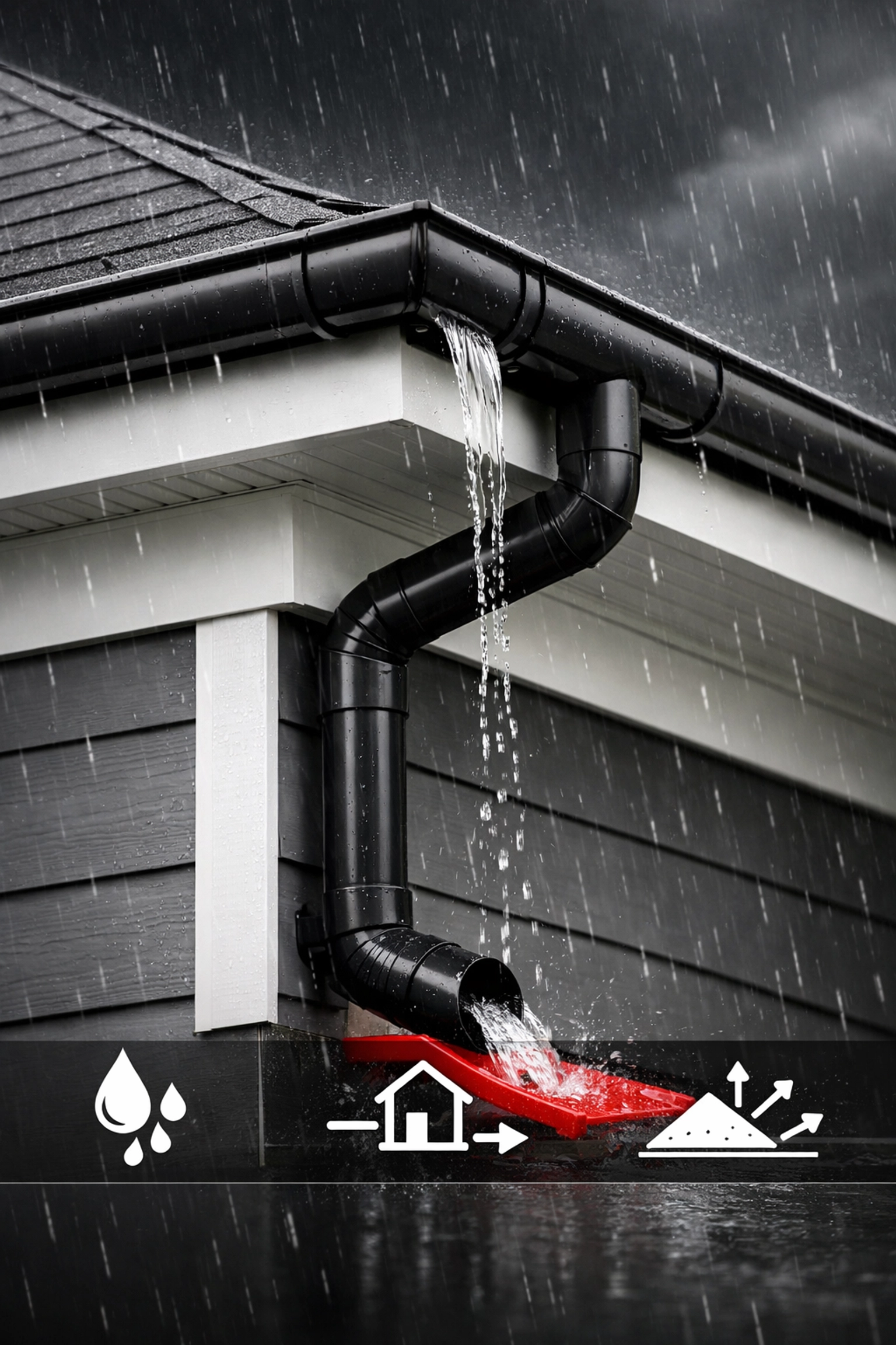 Gutter system with extended downspouts directing water away from home foundation