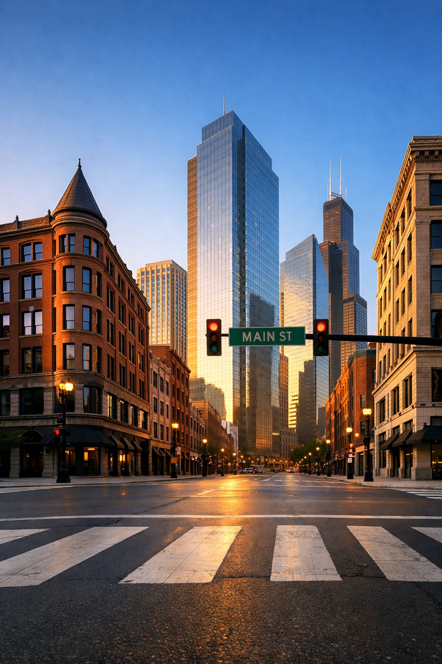 Sunny Midwest metropolitan city skyline representing professional commercial property management services.