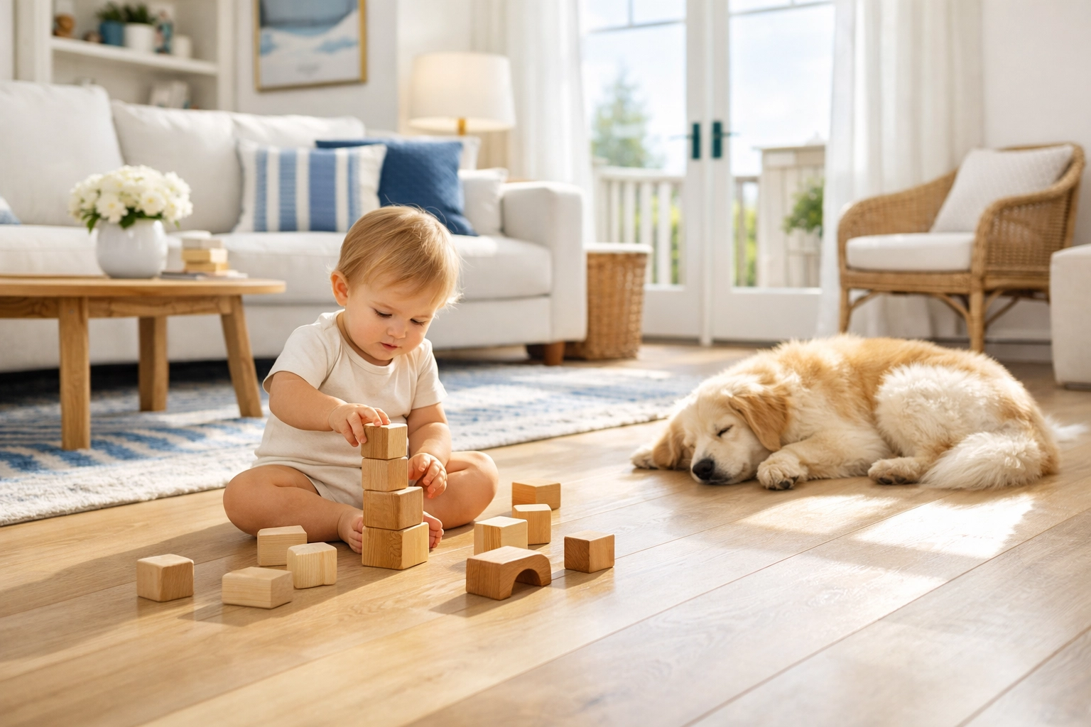 Toddler and dog playing on safe, toxin-free hardwood floors cleaned by Lunenburg professionals.