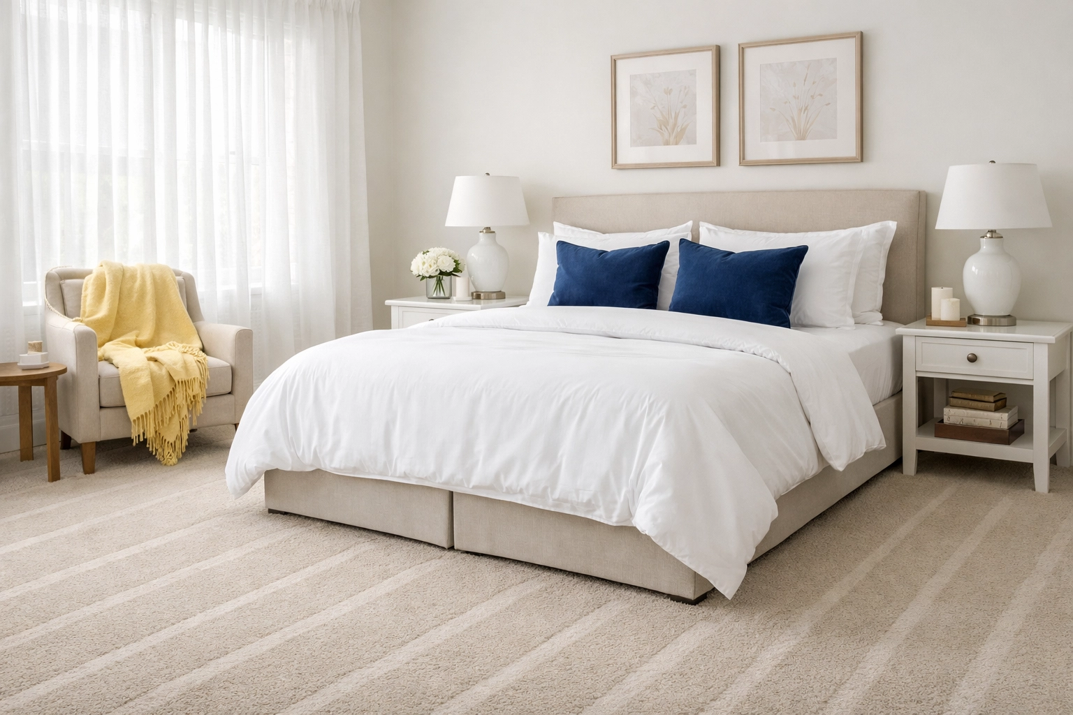 Tidy bedroom with vacuum lines on the carpet after professional house cleaning Ashby MA.