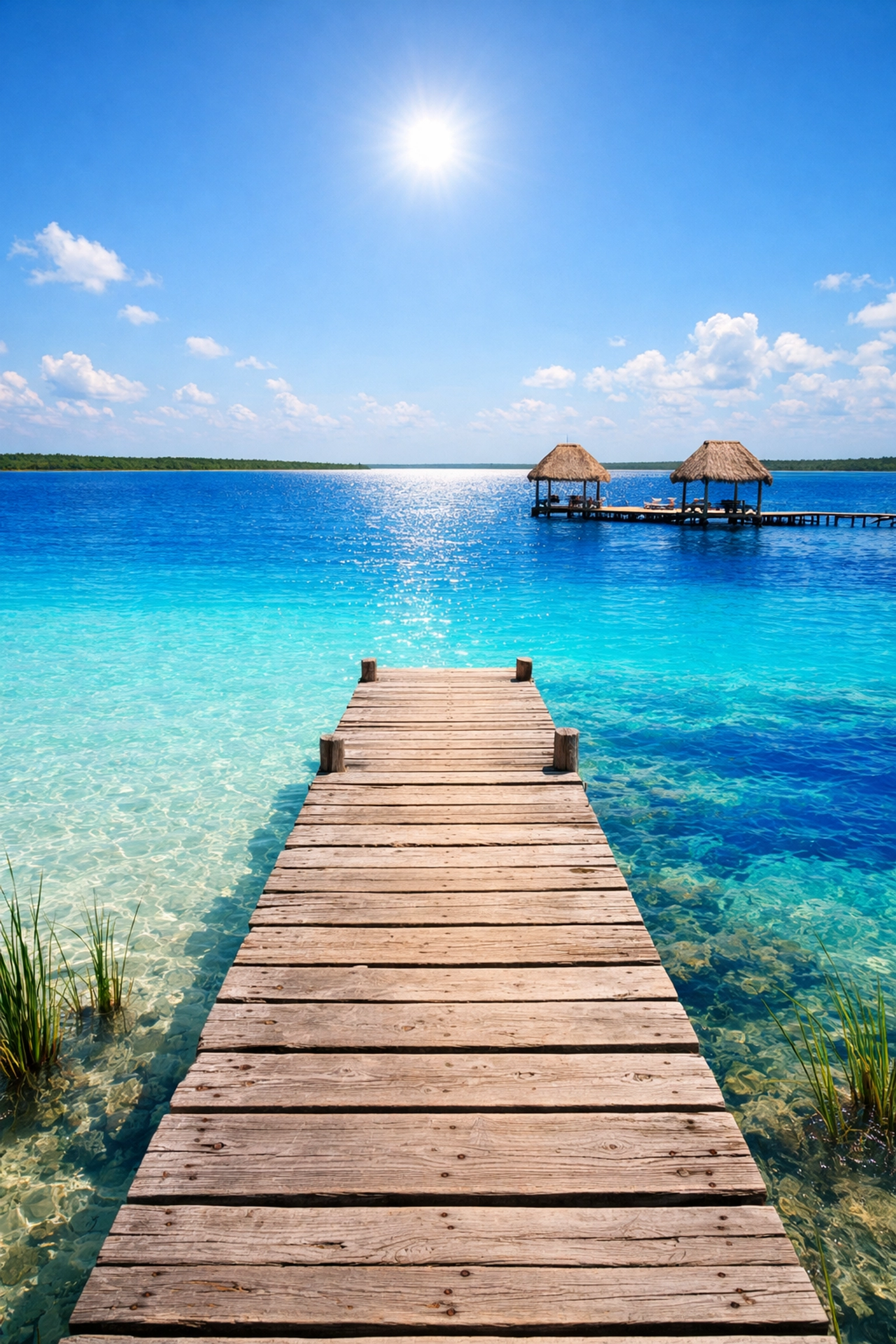 A wooden pier stretching into the vibrant turquoise waters of the Lagoon of Seven Colors in Bacalar, Mexico.