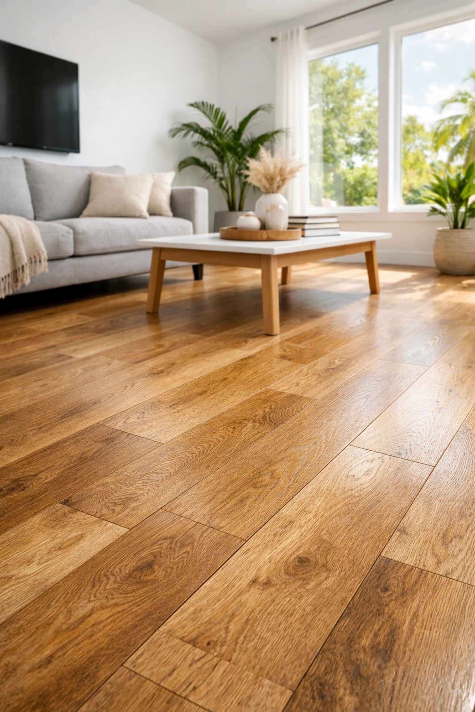 Modern Orlando living room with luxury vinyl plank flooring in warm wood tones