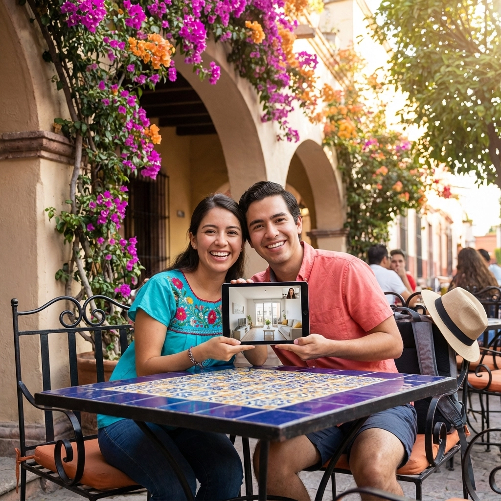 Couple viewing an apartment rental via video call at a Mexican café, illustrating smart search for apartments for rent in Puerto Vallarta.