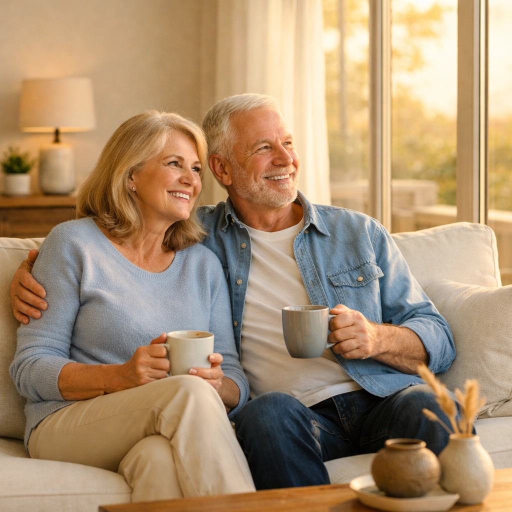 A happy senior couple enjoying a clutter-free living room after rightsizing their life in Halton.