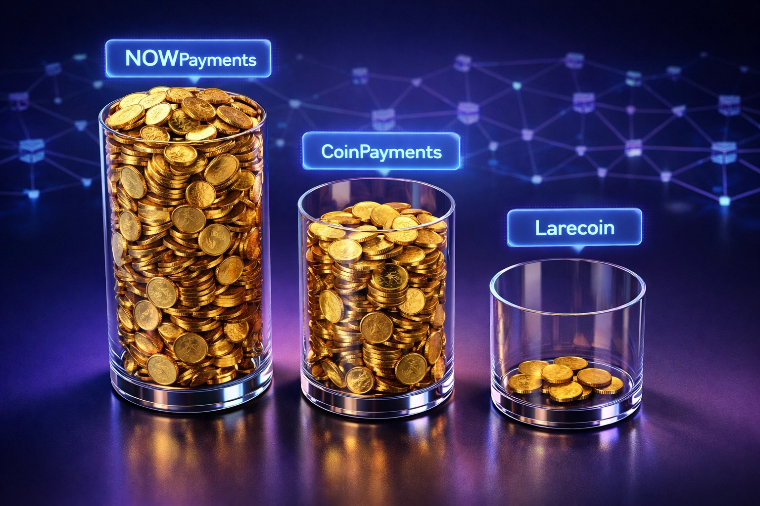 Fee comparison showing NOWPayments and CoinPayments costs versus Larecoin's minimal gas fees
