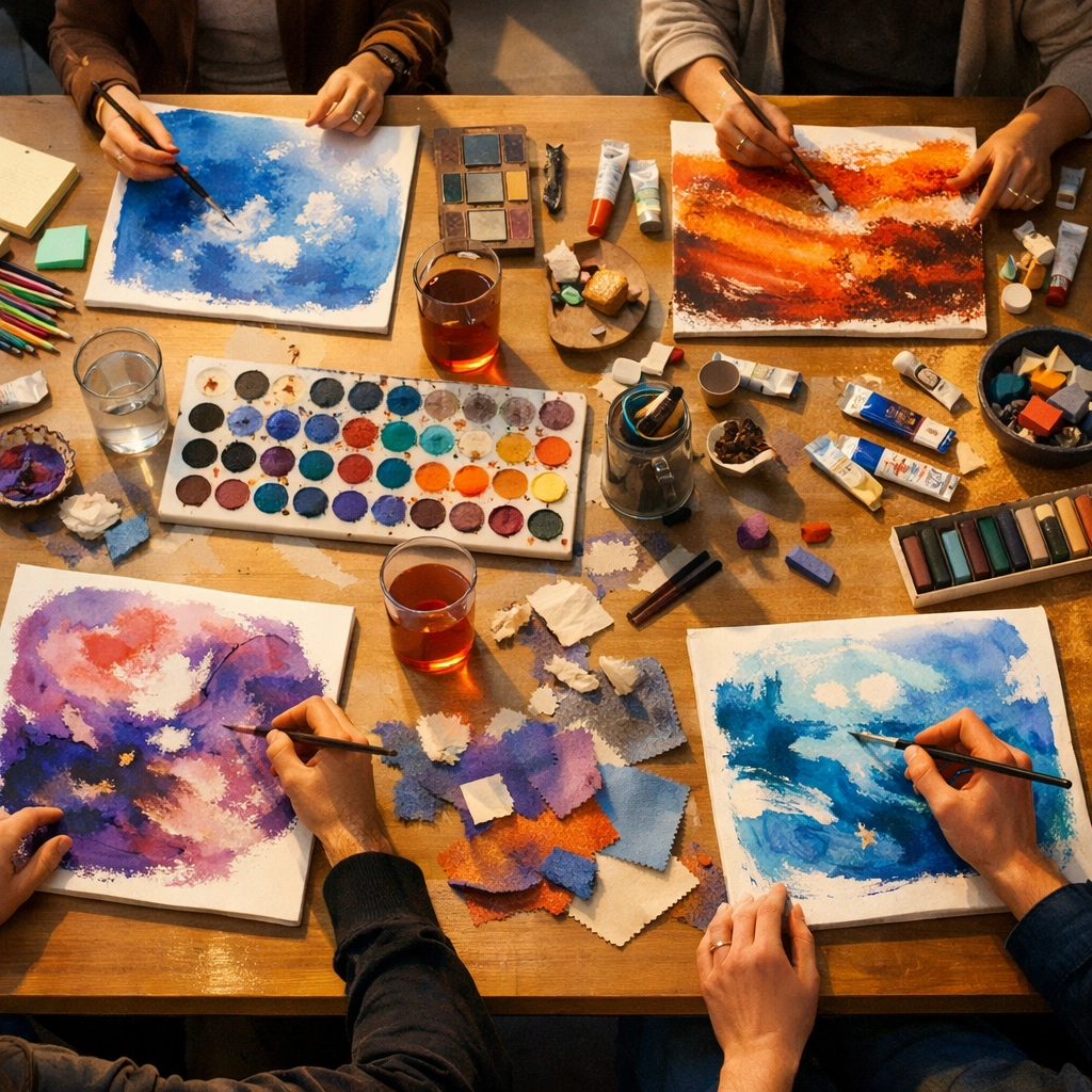 Team members creating individual abstract art pieces side-by-side during quiet team building session