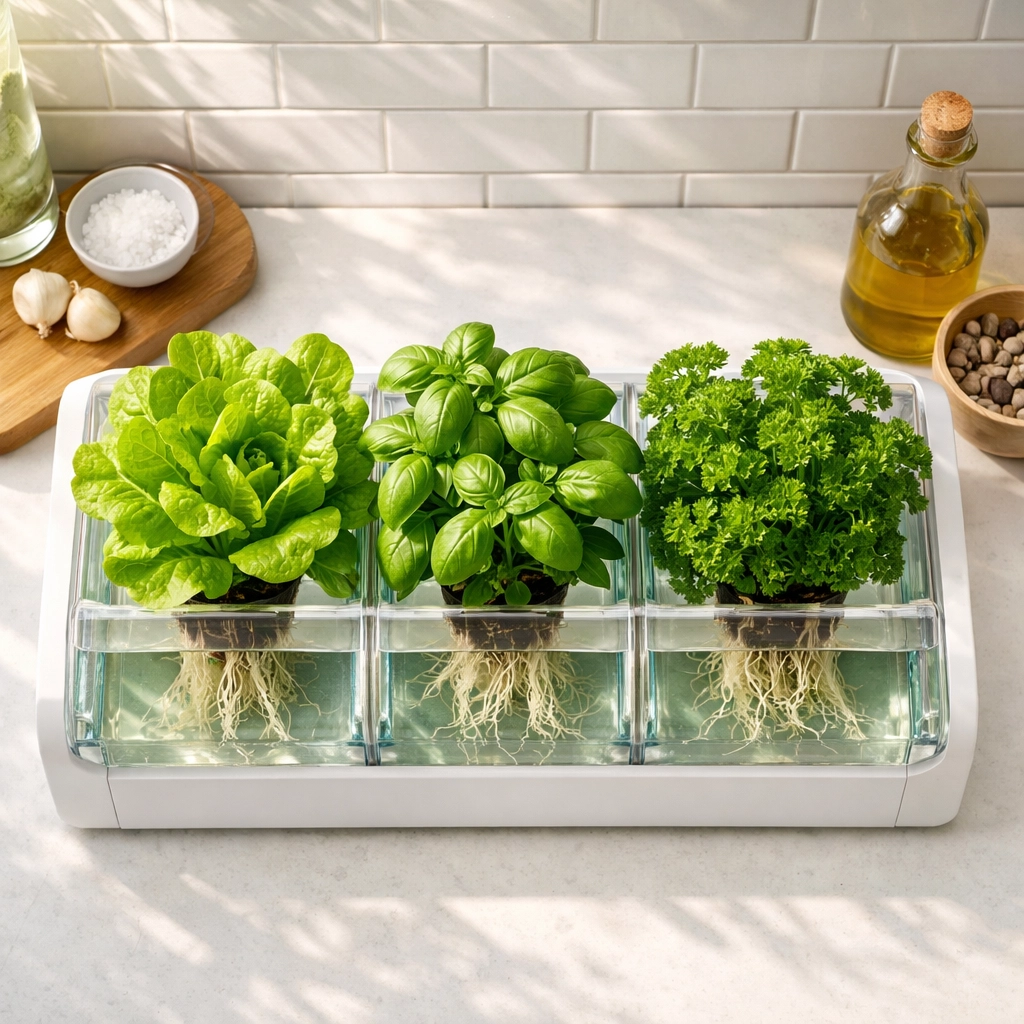 Modern hydroponic growing system on kitchen counter with fresh lettuce and herbs