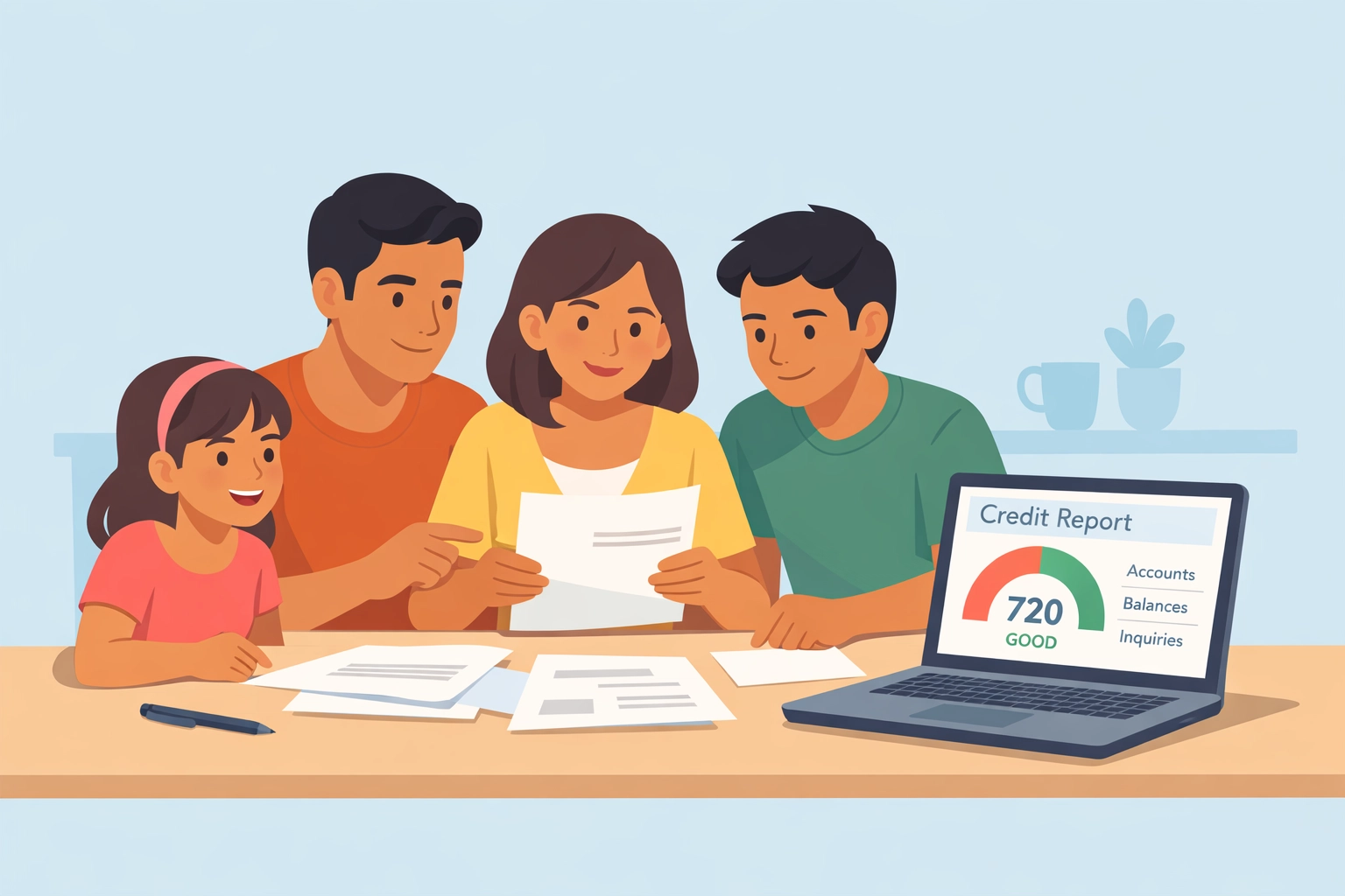 Familia latina revisando reporte de crédito para iniciar reparación y mejorar score