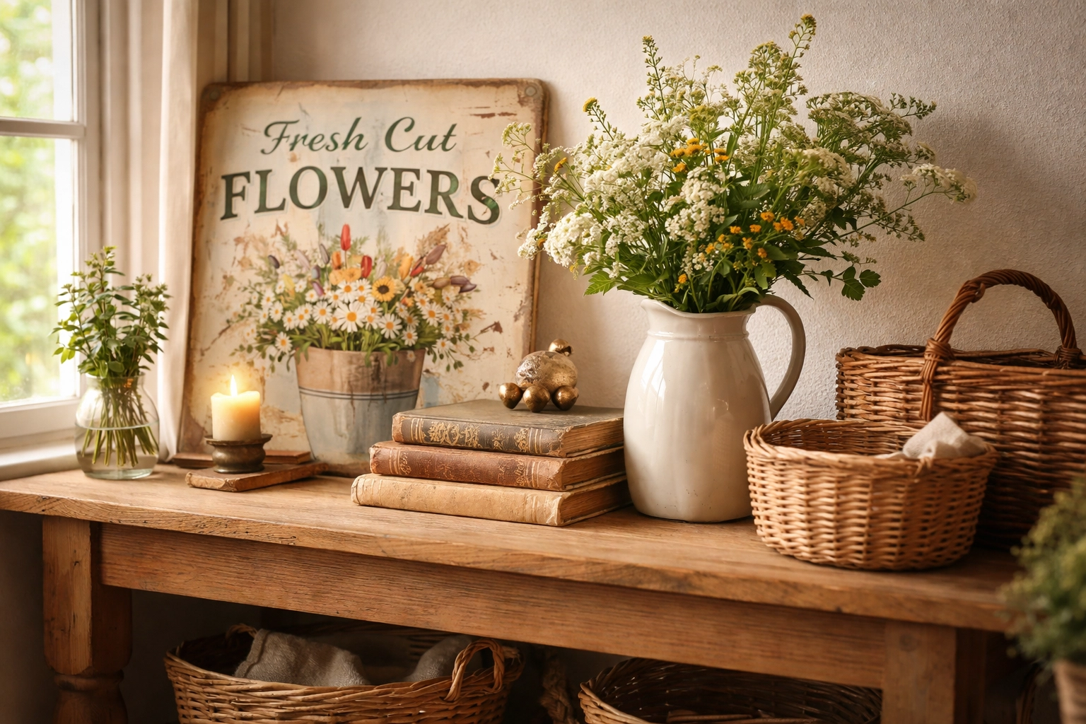 Console table vignette with artisan baskets, vintage tin sign, fresh wildflowers, and stacked books for transitional decor