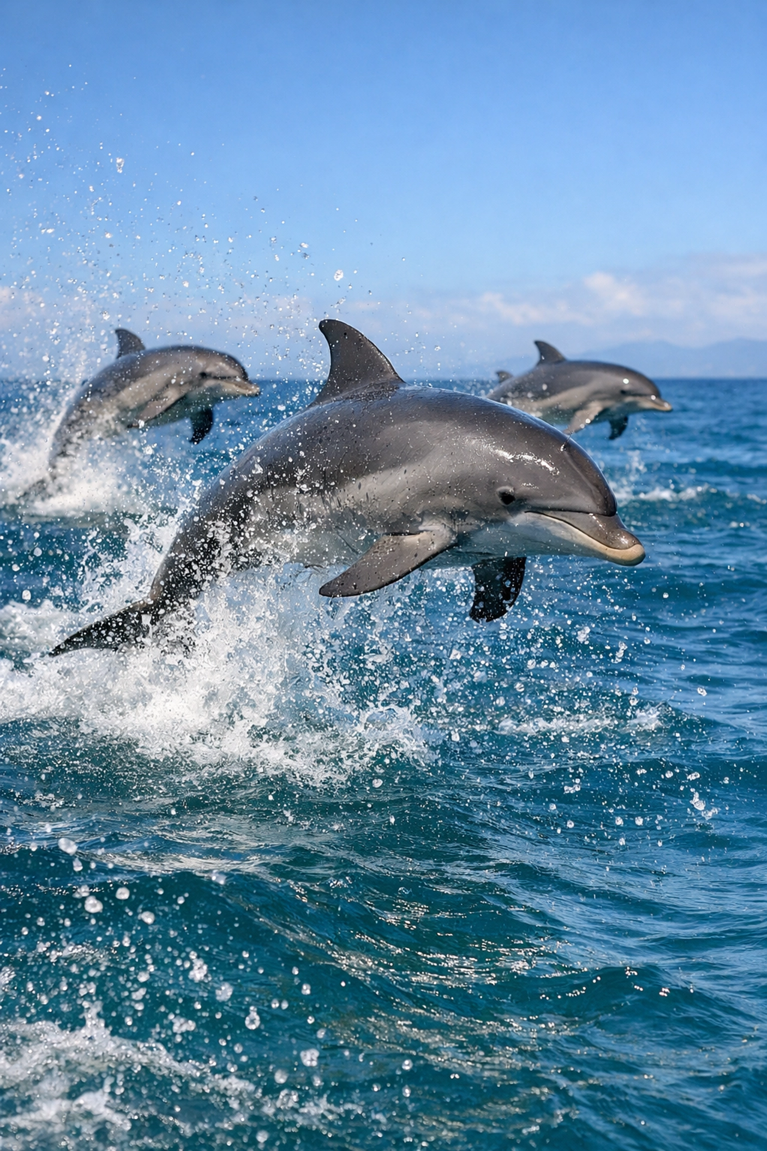 High-impact action shot of dolphins leaping from the ocean for dynamic zoo marketing campaigns.