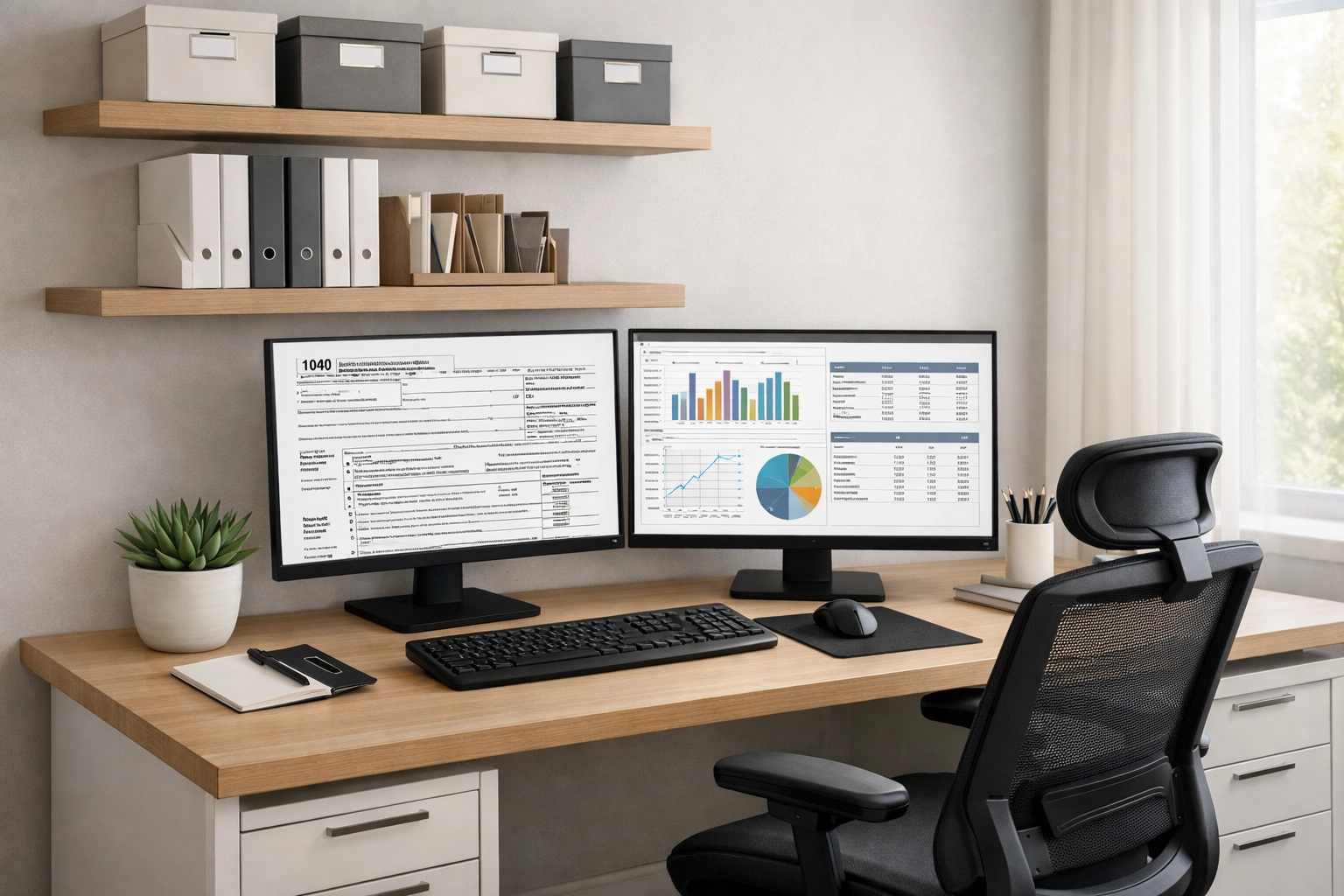 Tax professional's home office setup with dual monitors for business operations