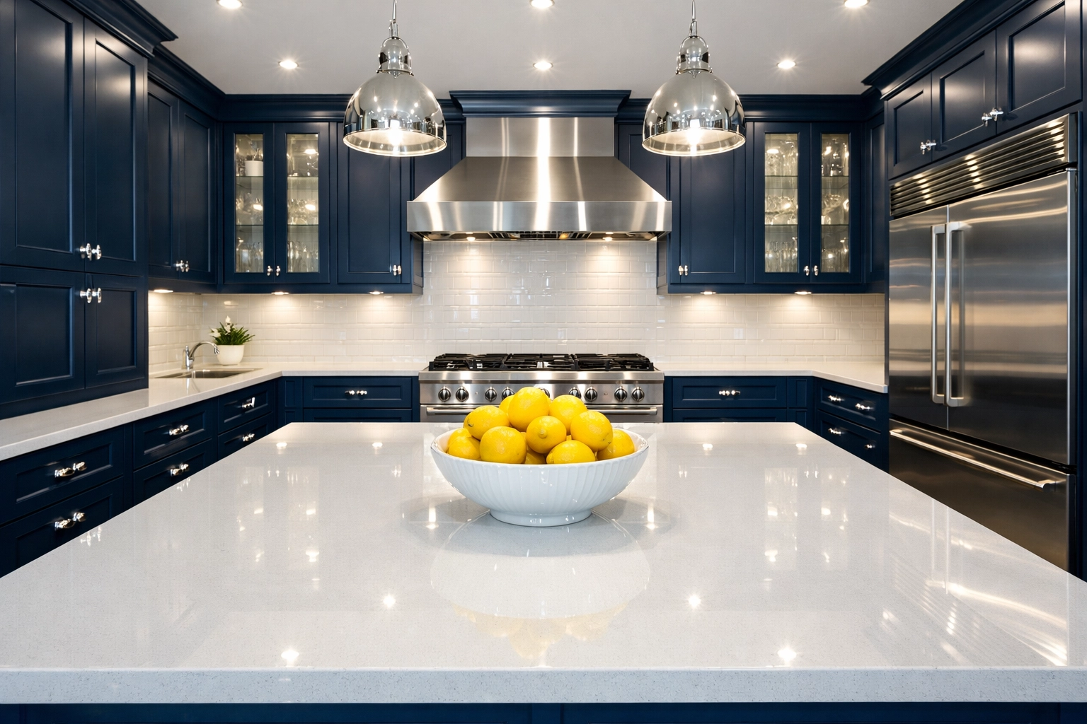 High-end kitchen with navy cabinets and polished white countertops after a professional deep cleaning.