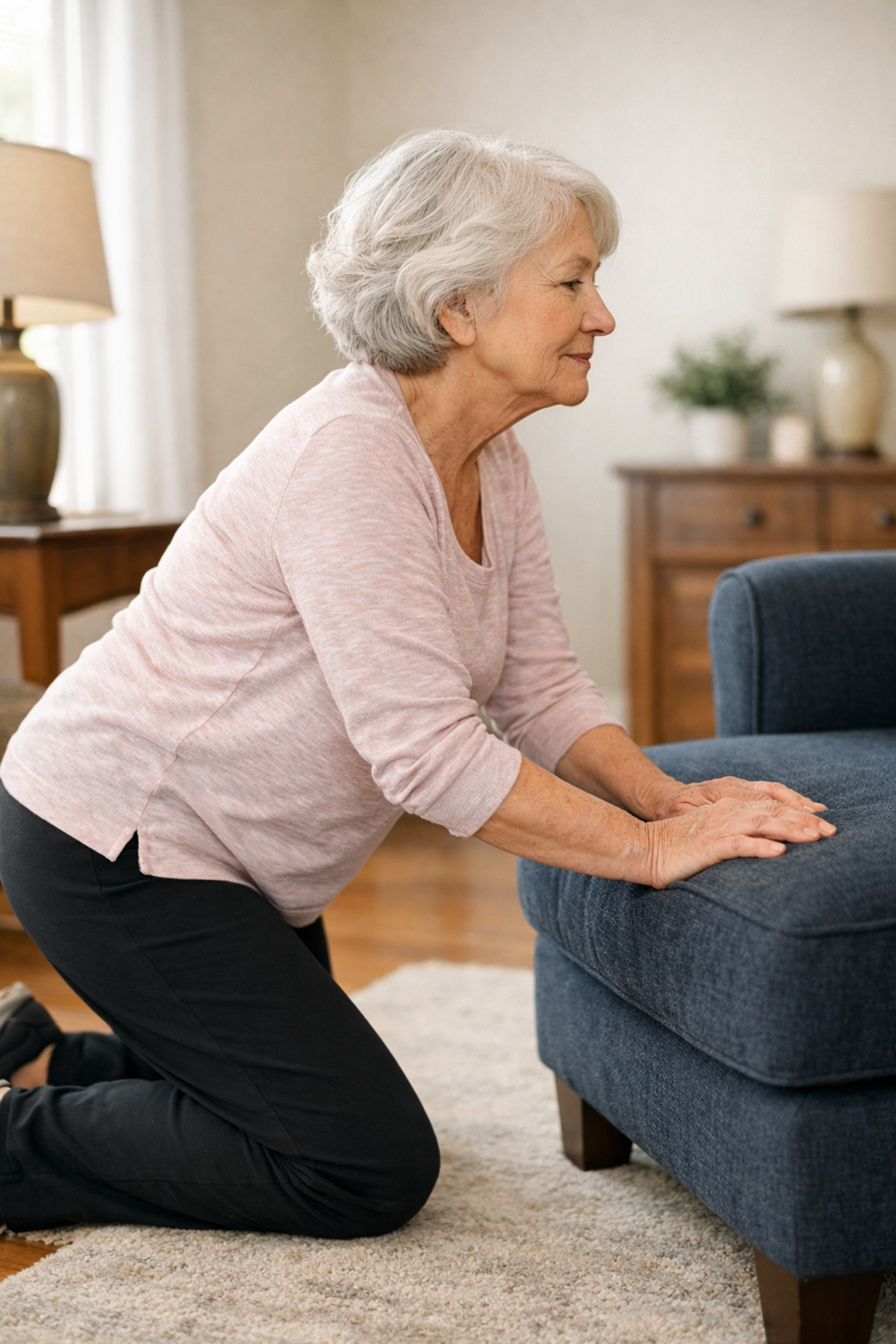 Senior woman using a sturdy chair to safely transition from the floor to a standing position.