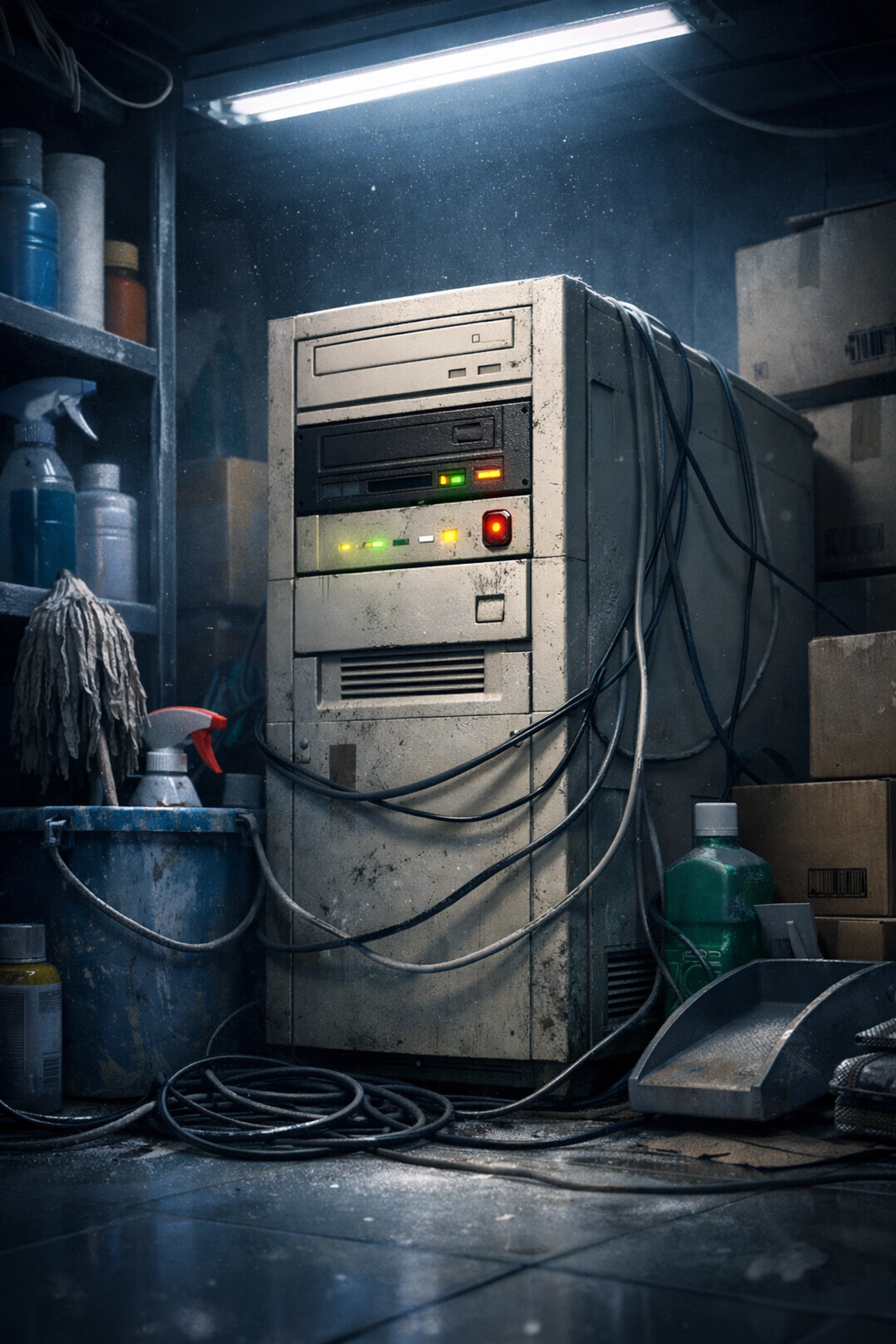 Outdated server in supply closet showing hidden costs of on-premises infrastructure