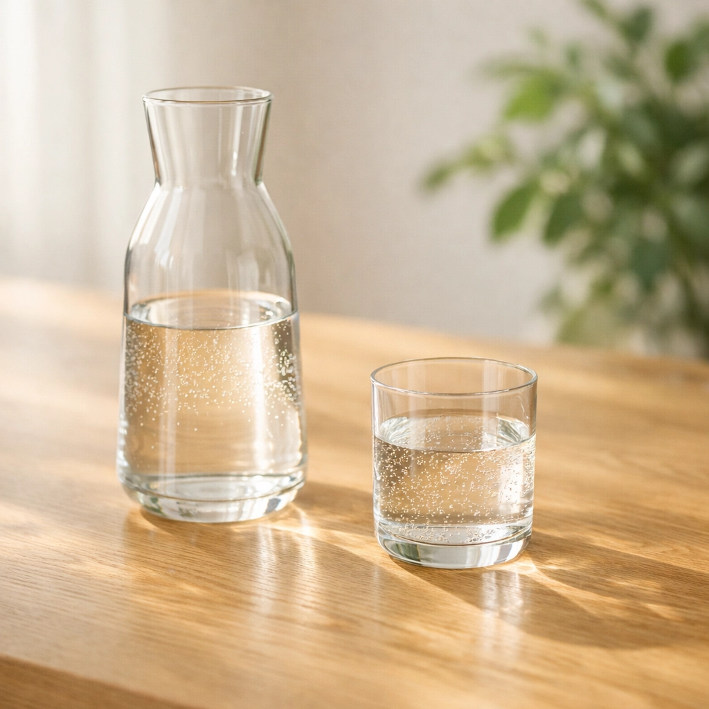 A clear glass of water on a minimalist table representing business capacity and energy-based productivity for moms.