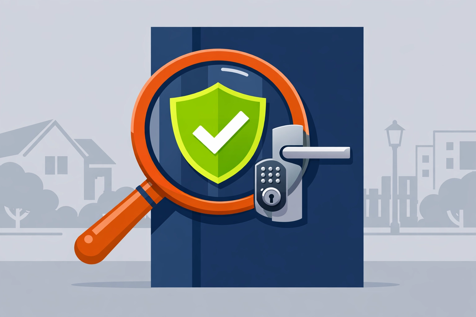 A magnifying glass inspecting a door lock to highlight security and trust with a local locksmith near me.