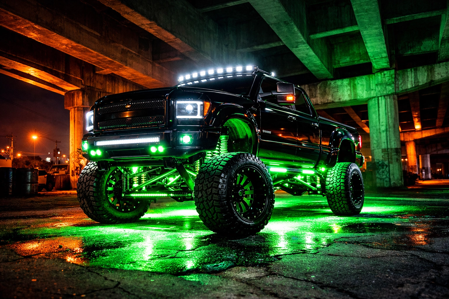 Custom truck lighting with vibrant neon green underglow installed in Chattanooga TN.