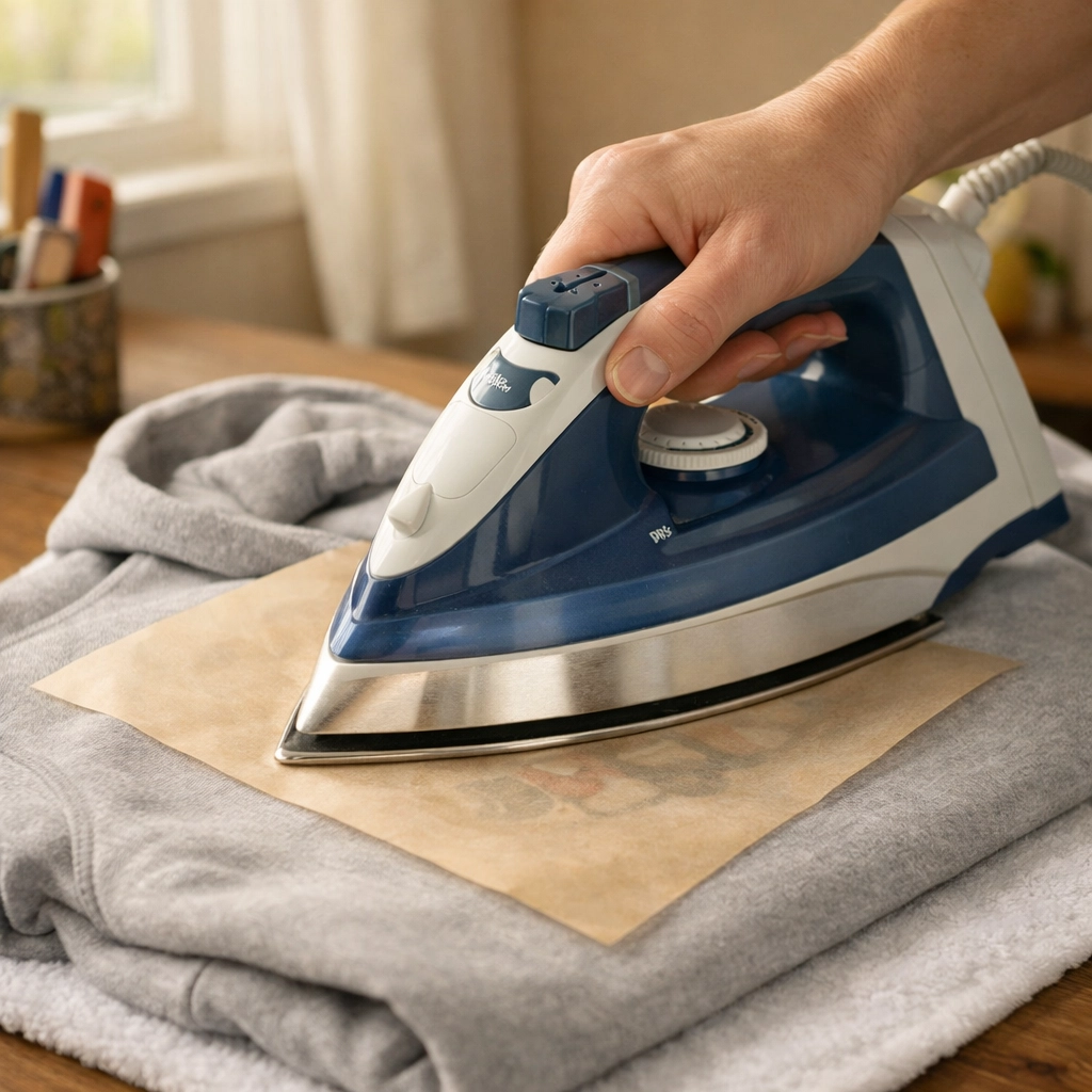 Household iron applying firm pressure to DTF heat transfer on hoodie with parchment paper