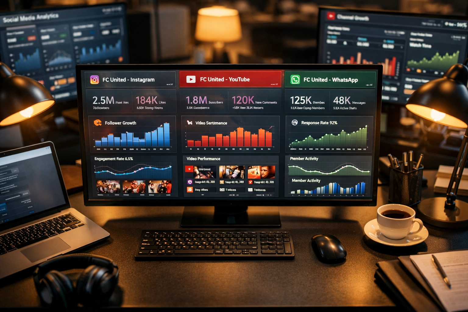 Social media analytics dashboard showing football club engagement metrics and lead generation data