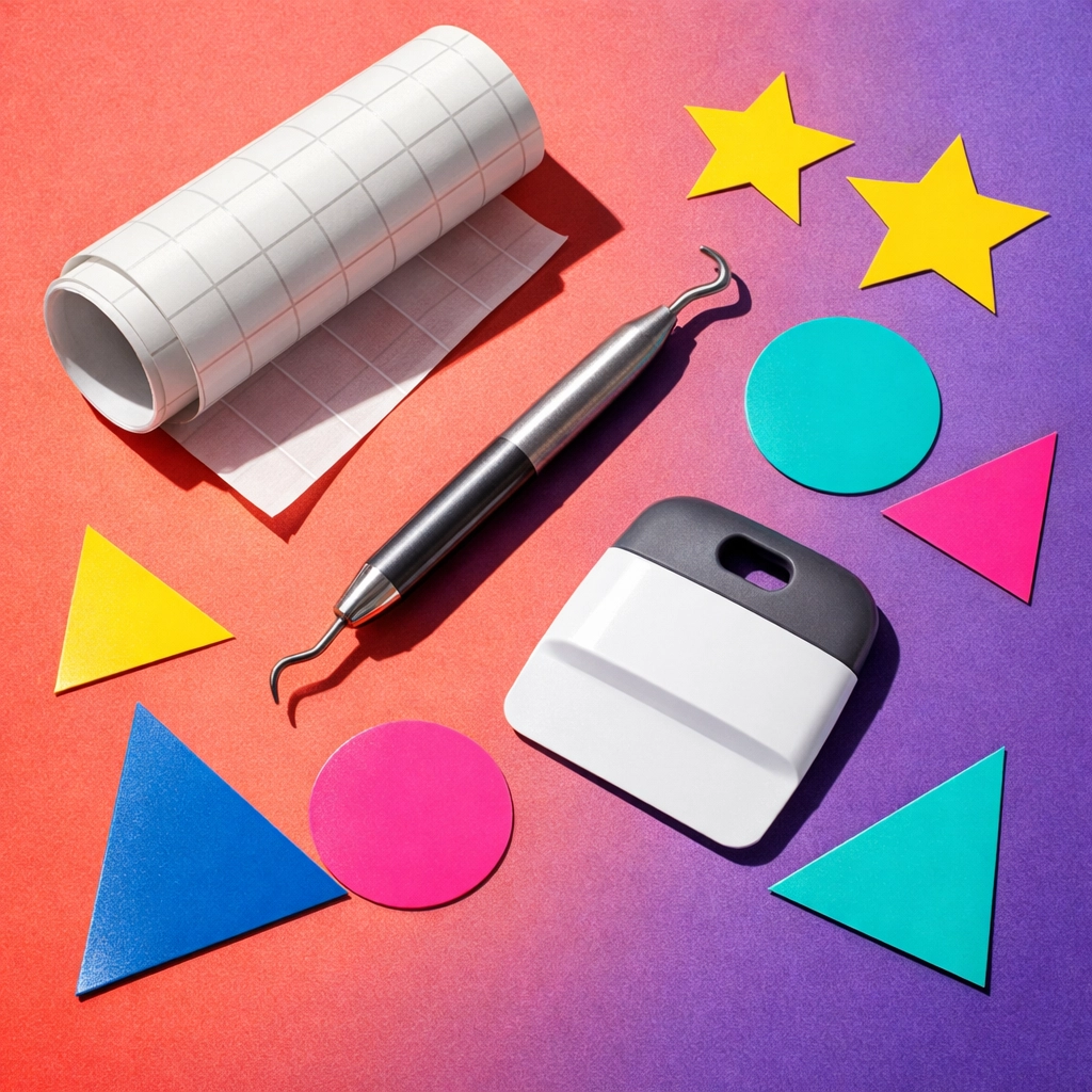 Essential SVG cutting tools including weeding tool, transfer tape, and scraper with vinyl shapes